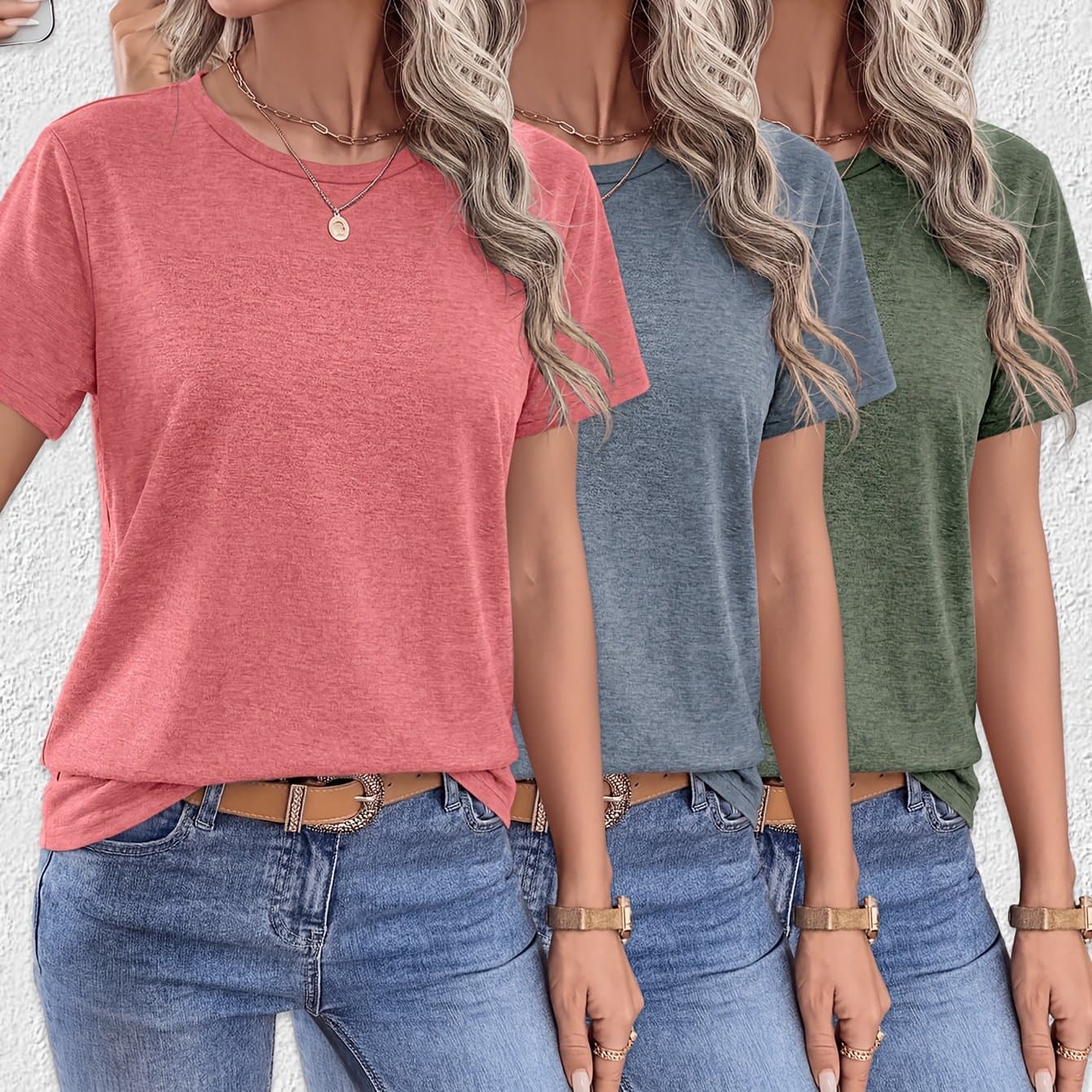 TEMU Three-pack - New Summer Women' Round Neck Short Sleeve T-shirt, Casual, Comfortable, Breathable Basic