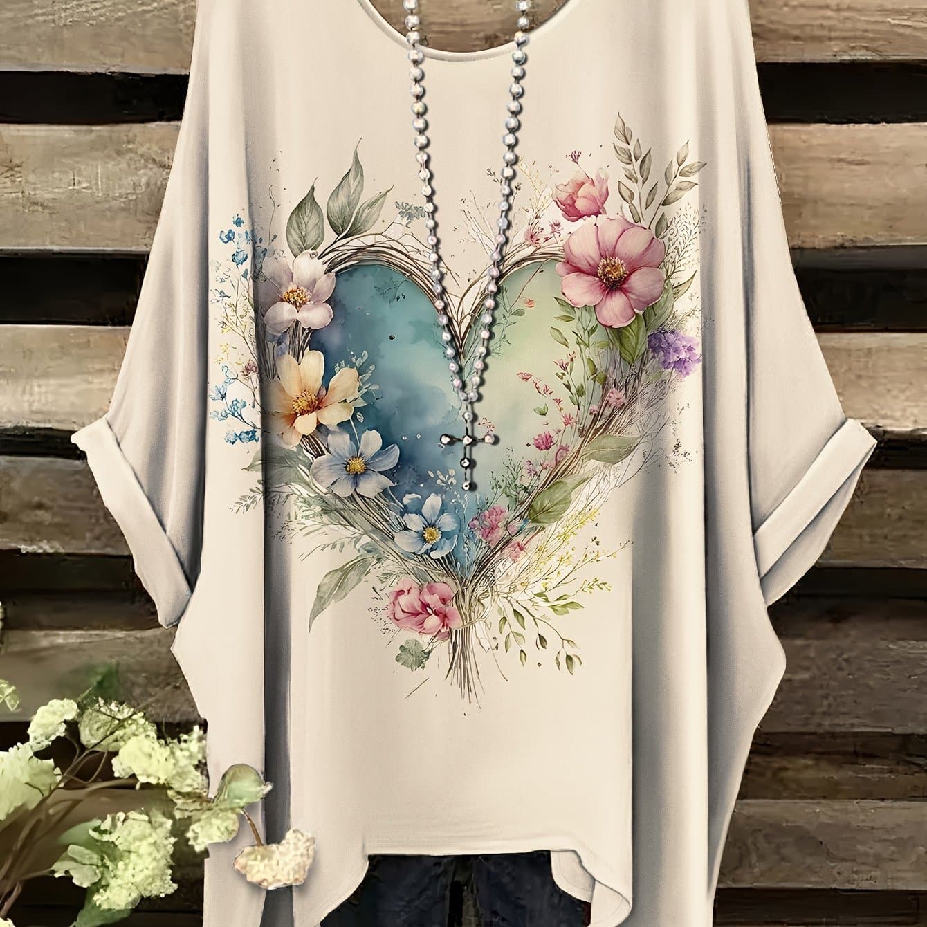 TEMU Plus Size, Bohemian Chic Oversized Simple Vintage Floral Print Irregular Hem Round Neck T-shirt, Fashionable And Versatile - Perfect For All - No Accessories