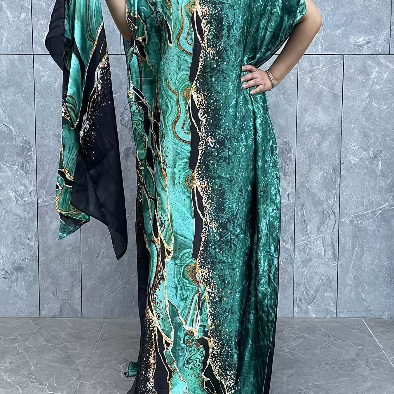 TEMU Plus Size Floral Pattern Longline Dress, Elegant Short Sleeve Crew Neck Dress With Scarf For , Women's Plus Size