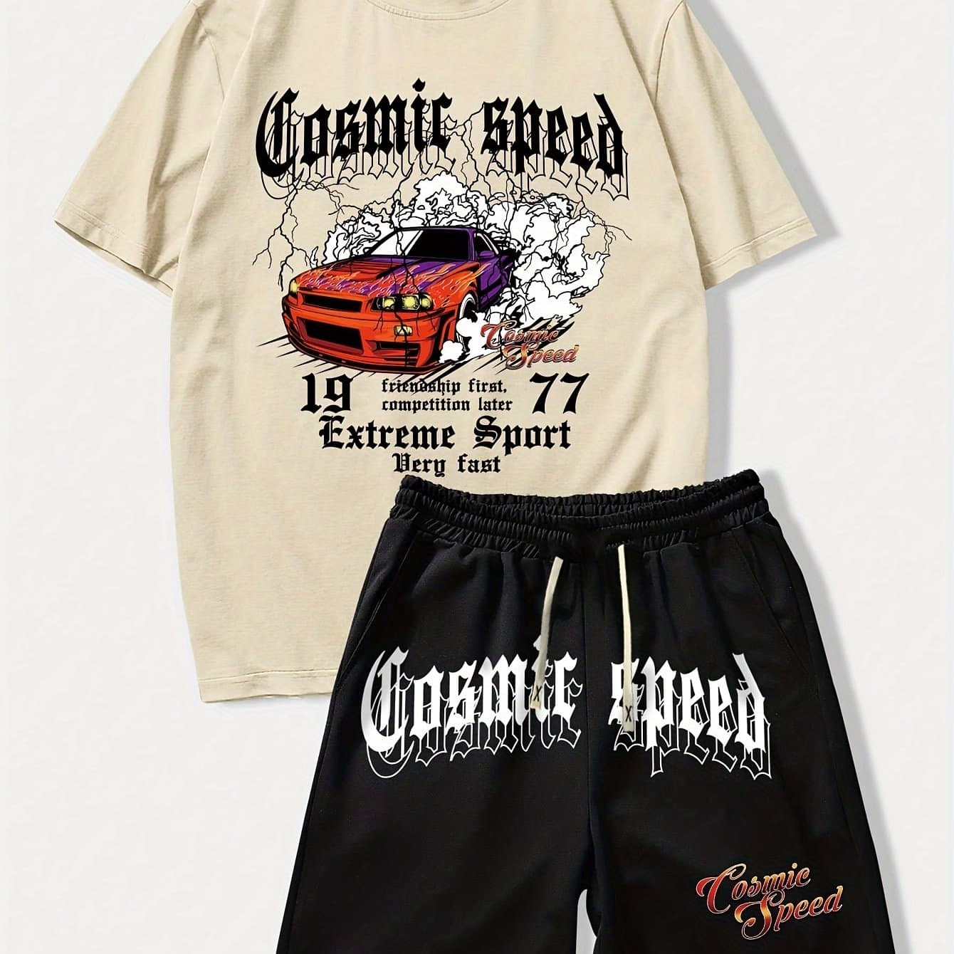 TEMU Luo Ai # Men's T-shirt + Drawstring Waist Shorts Set