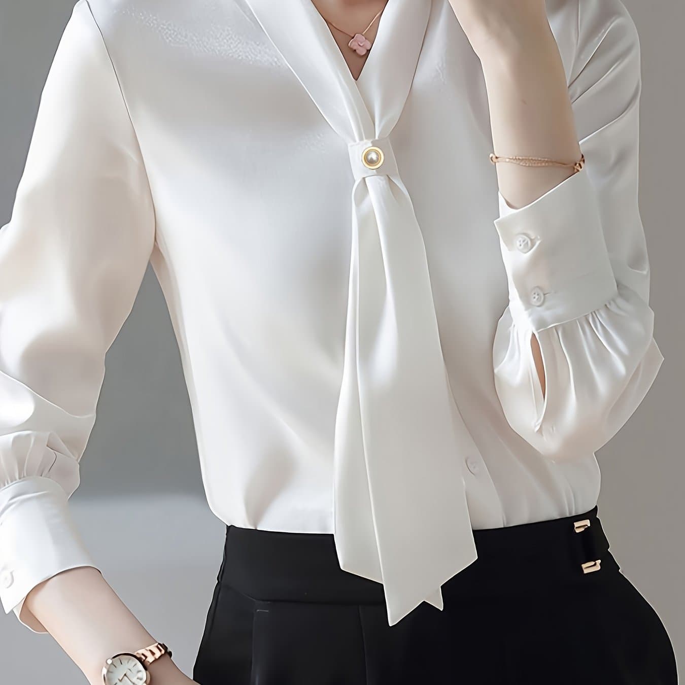 TEMU Solid Color Tie-decorated Beaded V-neck Shirt, Elegant Long-sleeve Blouse, Suitable For Spring And Autumn, Women's Wear