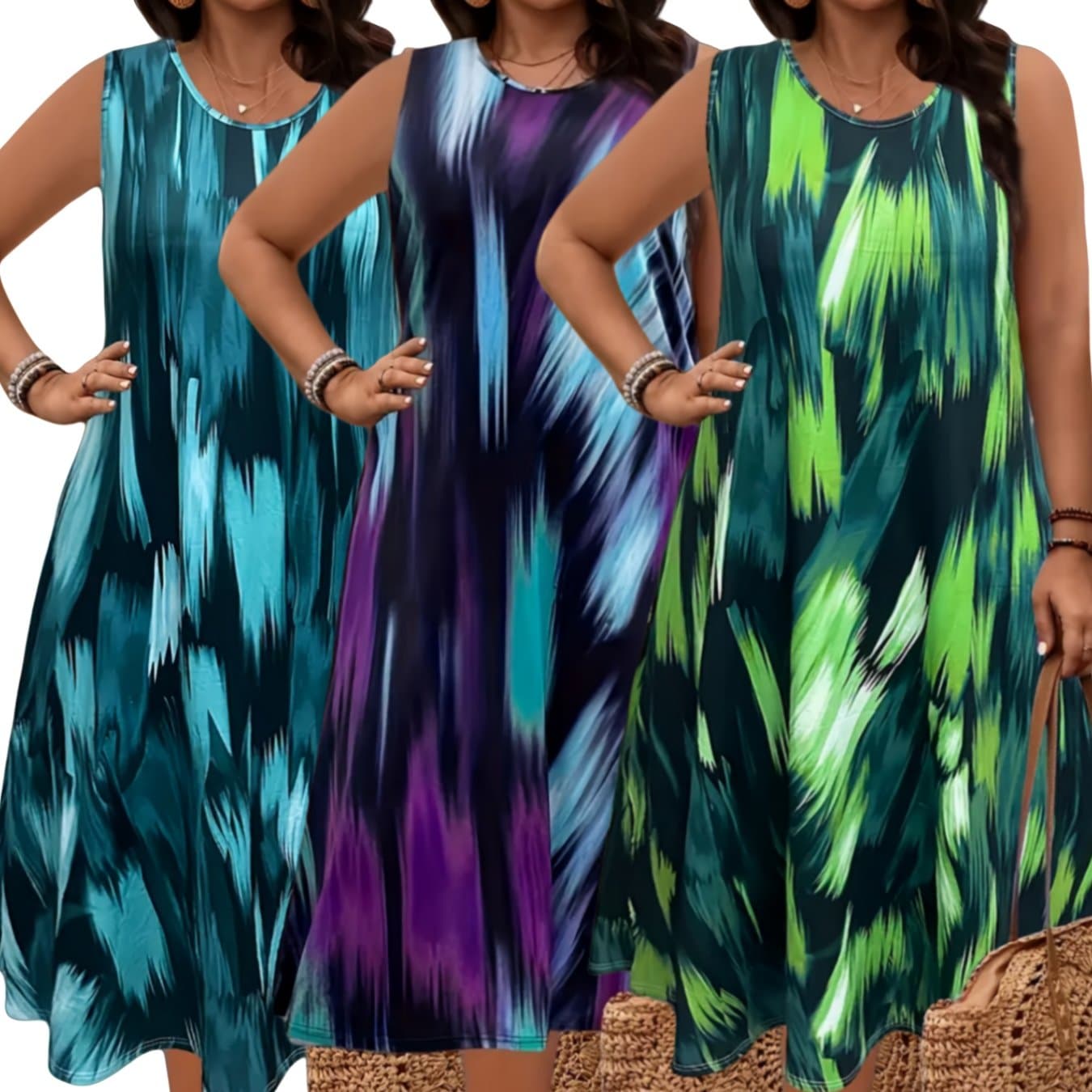 TEMU Set Of Size Color Block Tank Dresses - Relaxed Summer Dresses For Women With Crew Neck And Sleeveless Design, Ideal For Lounging