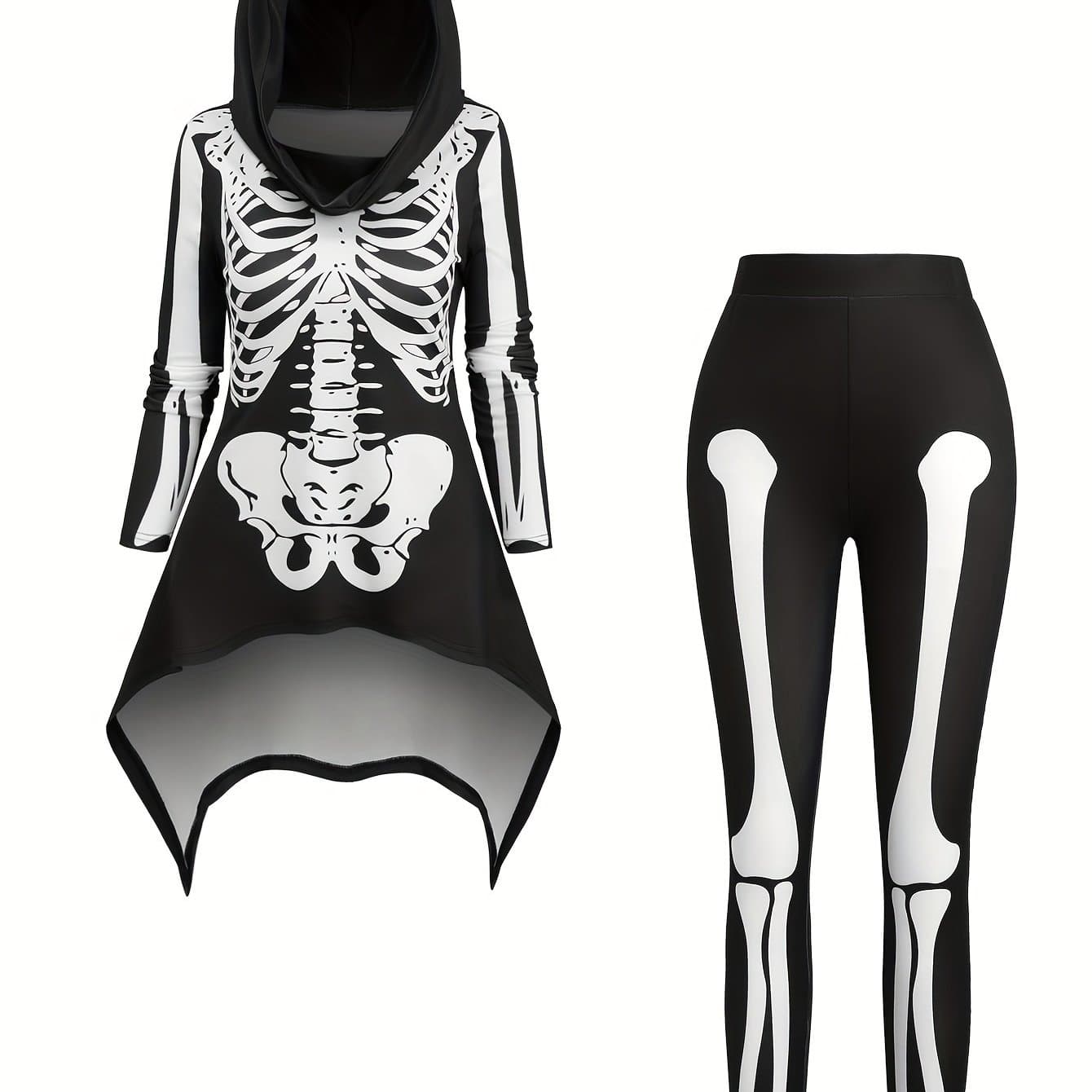 TEMU Halloween Gothic Skull Print Hoodie And Fun Outfit Long Pants Set