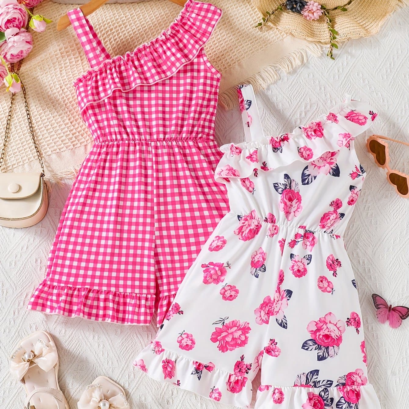 TEMU Young Girl Casual Comfortable And Floral Print Romper Style 2pcs/set, Perfect For Outdoor