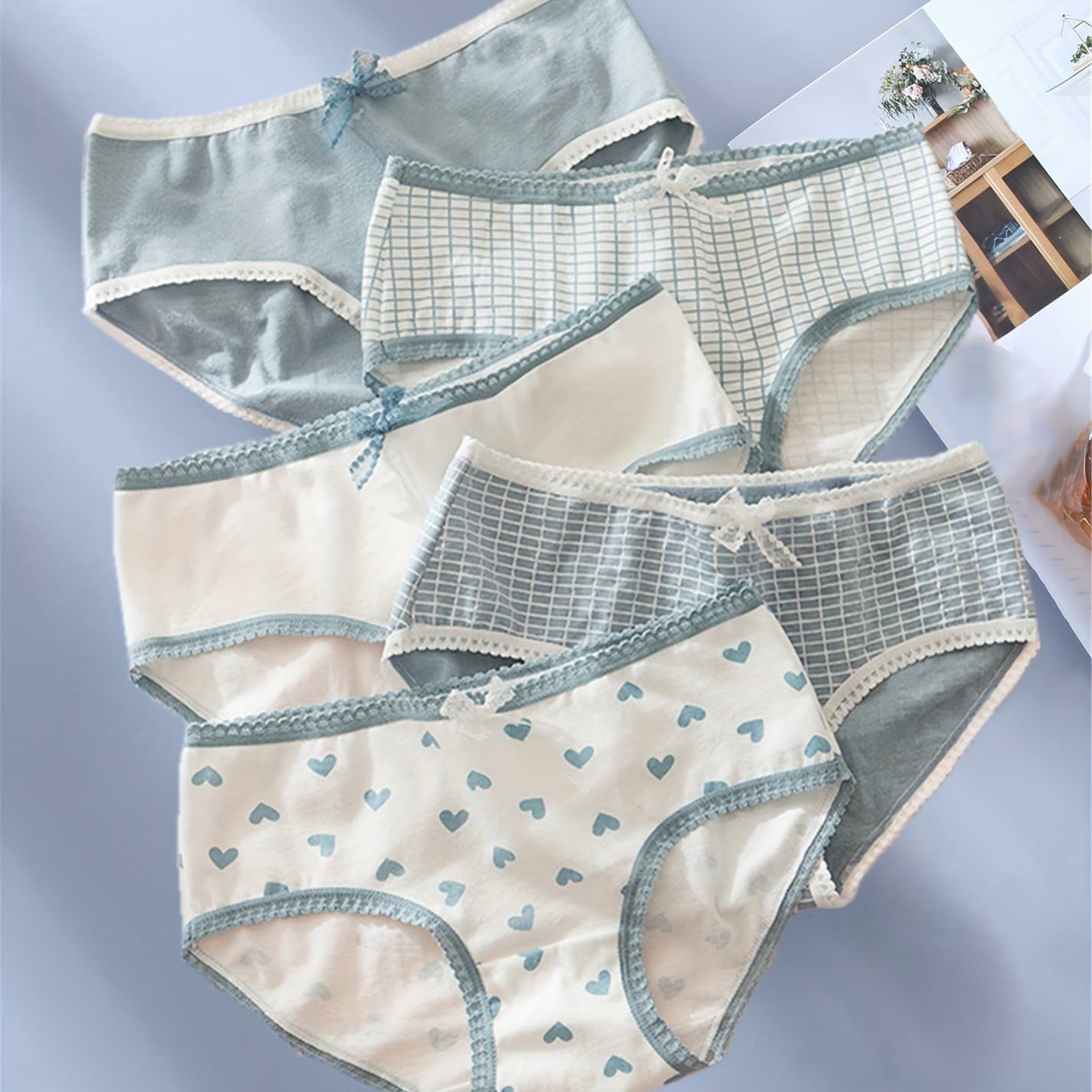 TEMU Set Of 5 Women's Breathable And Cute Lace-trimmed Panties With A Grid Pattern, Designed For In Style