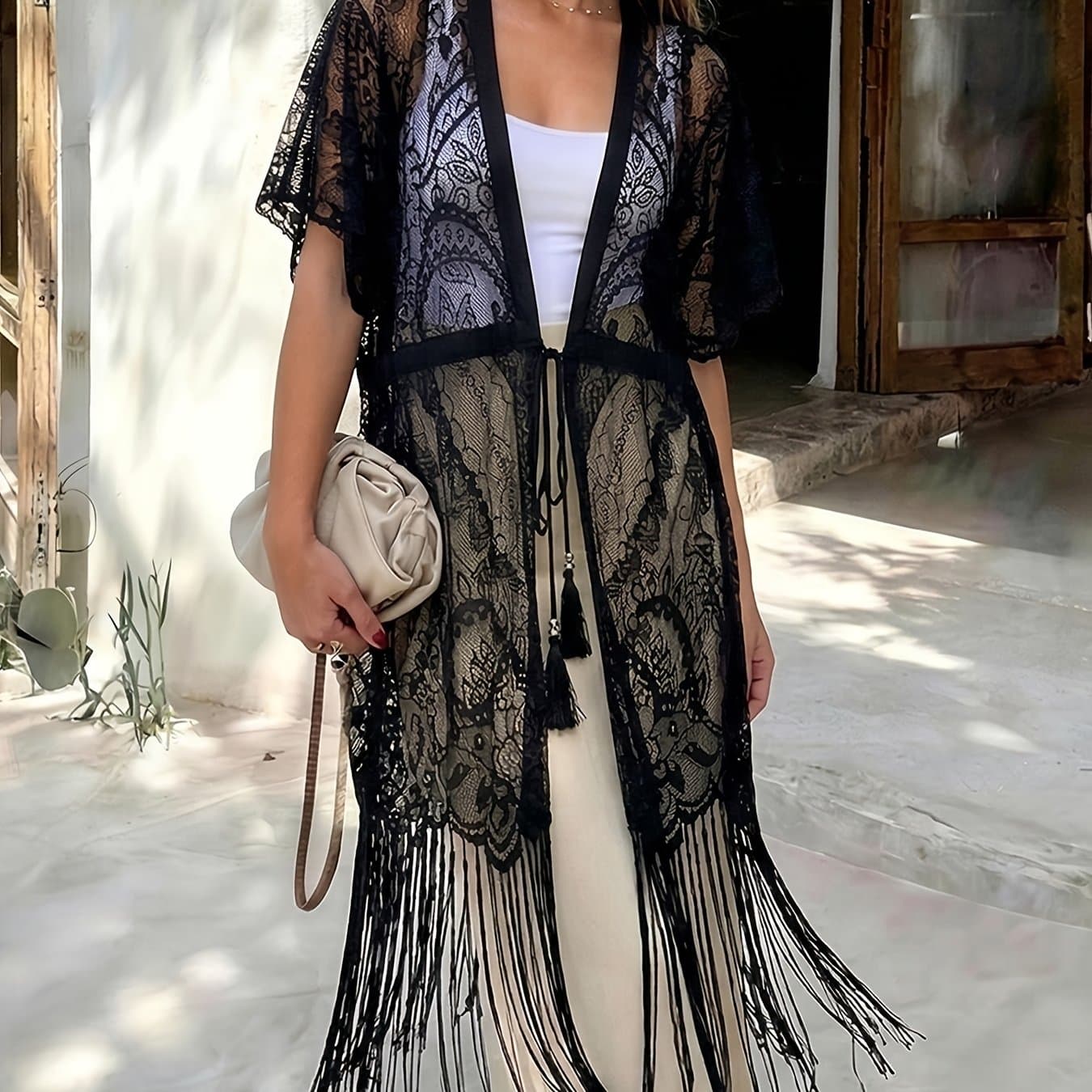 TEMU Plus Size, Elegant Boho Lace Cover Up With Tassel Hem For Beach Vacation