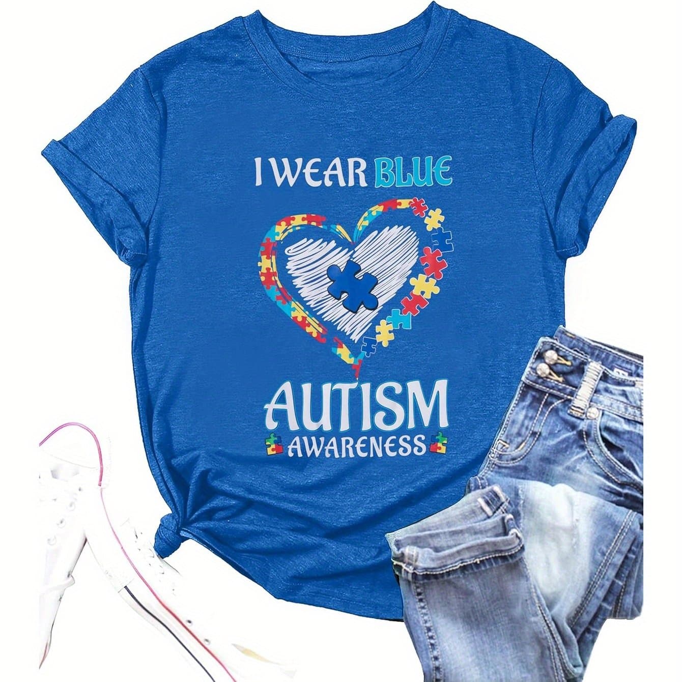 TEMU Autism Awareness Shirt Men Blue Ribbon T-shirt I Tshirt Autism Support Tee Causal Short Sleeve Tee Tops