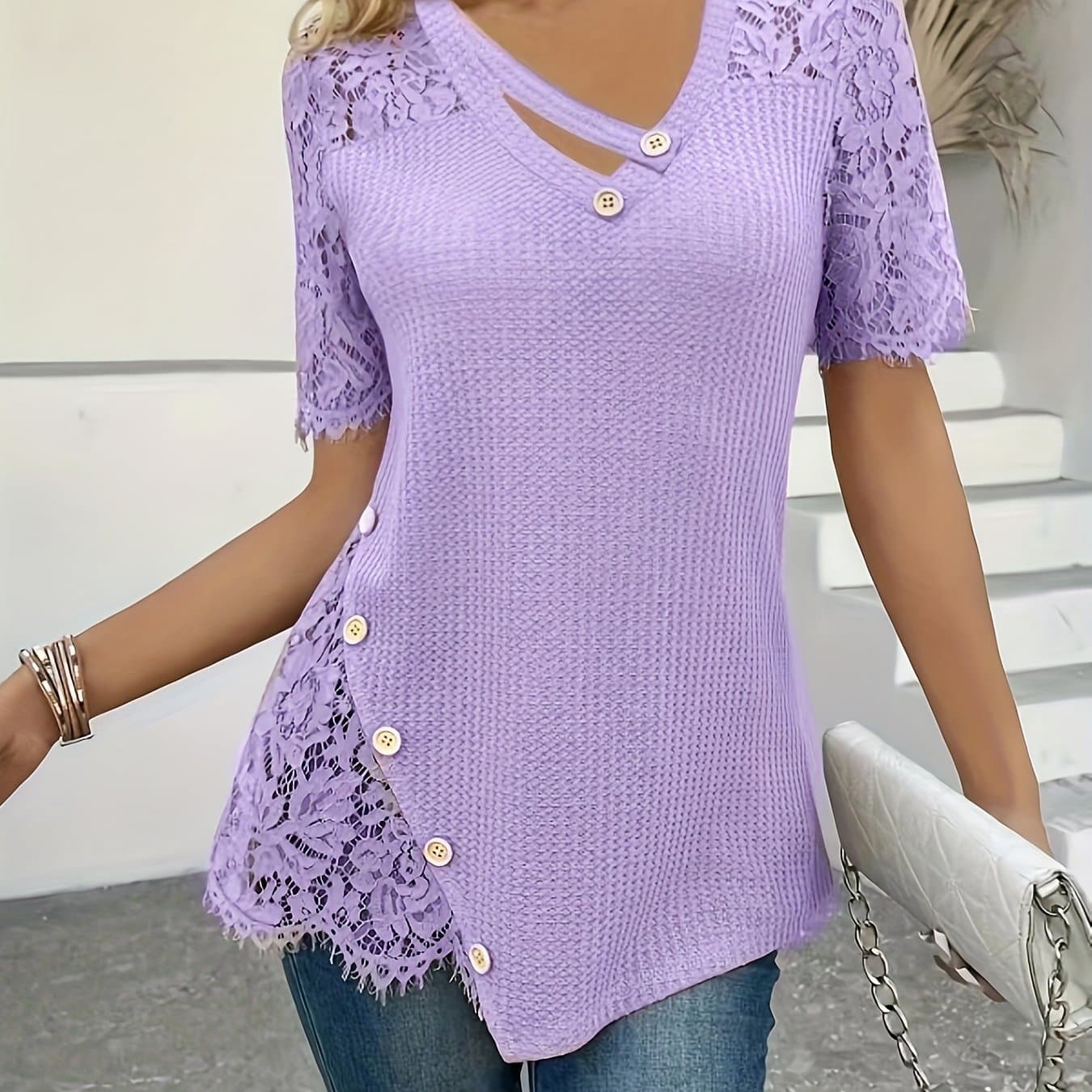 TEMU Spring And Summer Women's Fashion Elegant Casual Beach Contrast Lace Embroidery Solid Color Short Sleeve Long Top