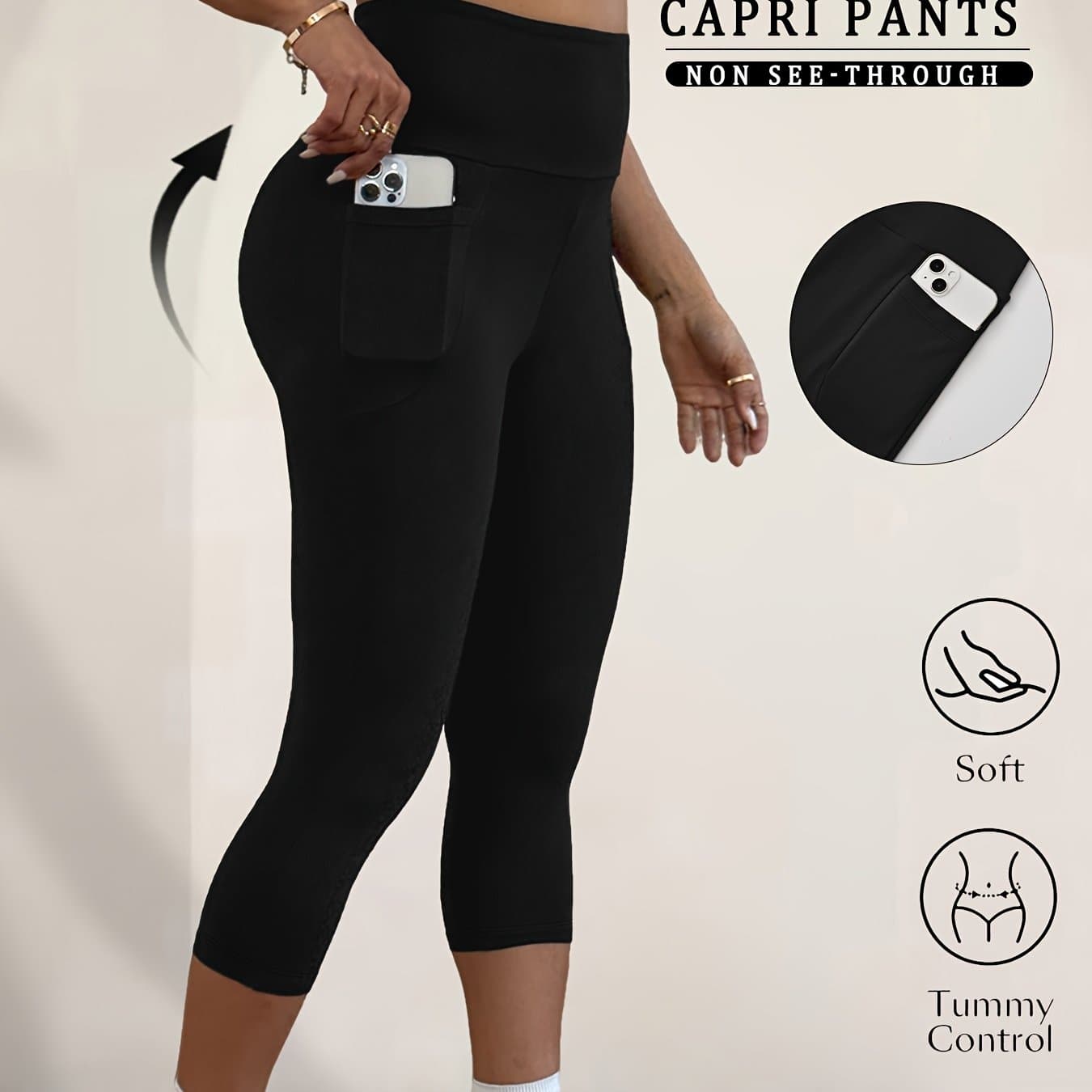 TEMU 5" High Waisted Capri Pants For Women With Pockets, Super Soft Tummy Control No See Through Workout Running Yoga Athletic Leggings