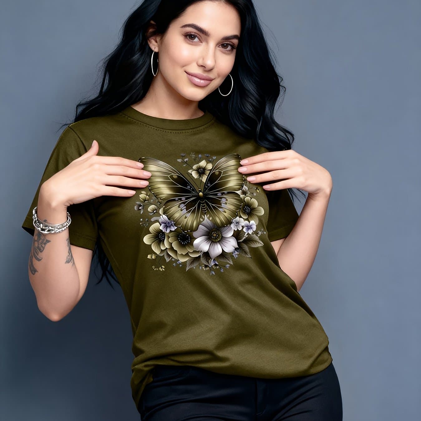 TEMU A Short-sleeve Round-neck Casual T-shirt With And Flower Patterns, Perfect For Spring And Summer, Suitable As A Birthday Or Holiday Gift For Women
