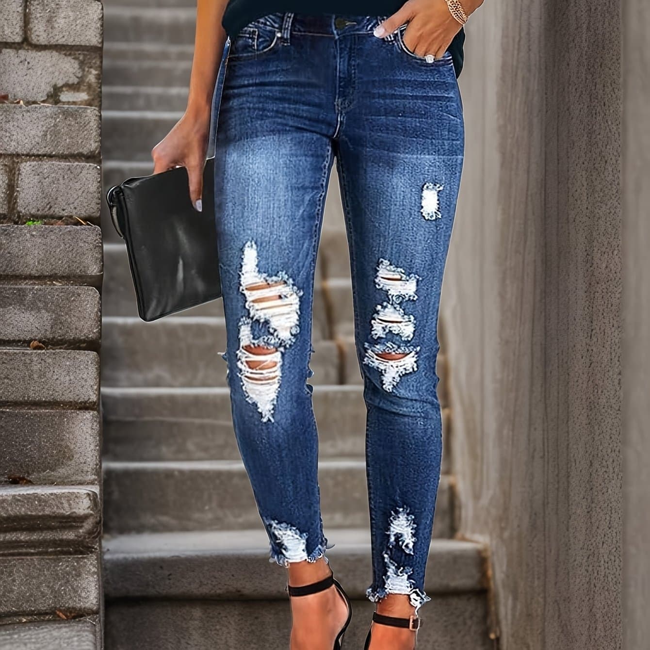 TEMU Women's Boyfriend Skinny Jeans Ripped Distressed Stretchy Denim Pants