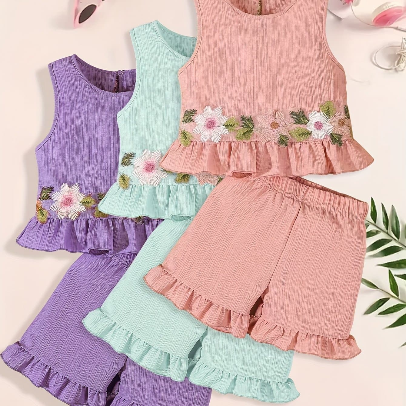 TEMU A 6pcs Set For Little Girls Featuring A Stylish Casual Top With Embroidered Lace And Shorts For Summer, For Outdoor