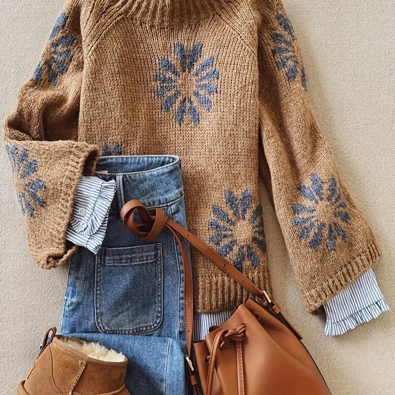 TEMU Women's Floral Sweater - Floral Pattern, Medium Stretch Pullover Sweater For Women, Cozy Fall Winter Sweater, Everyday & Formal Outfits