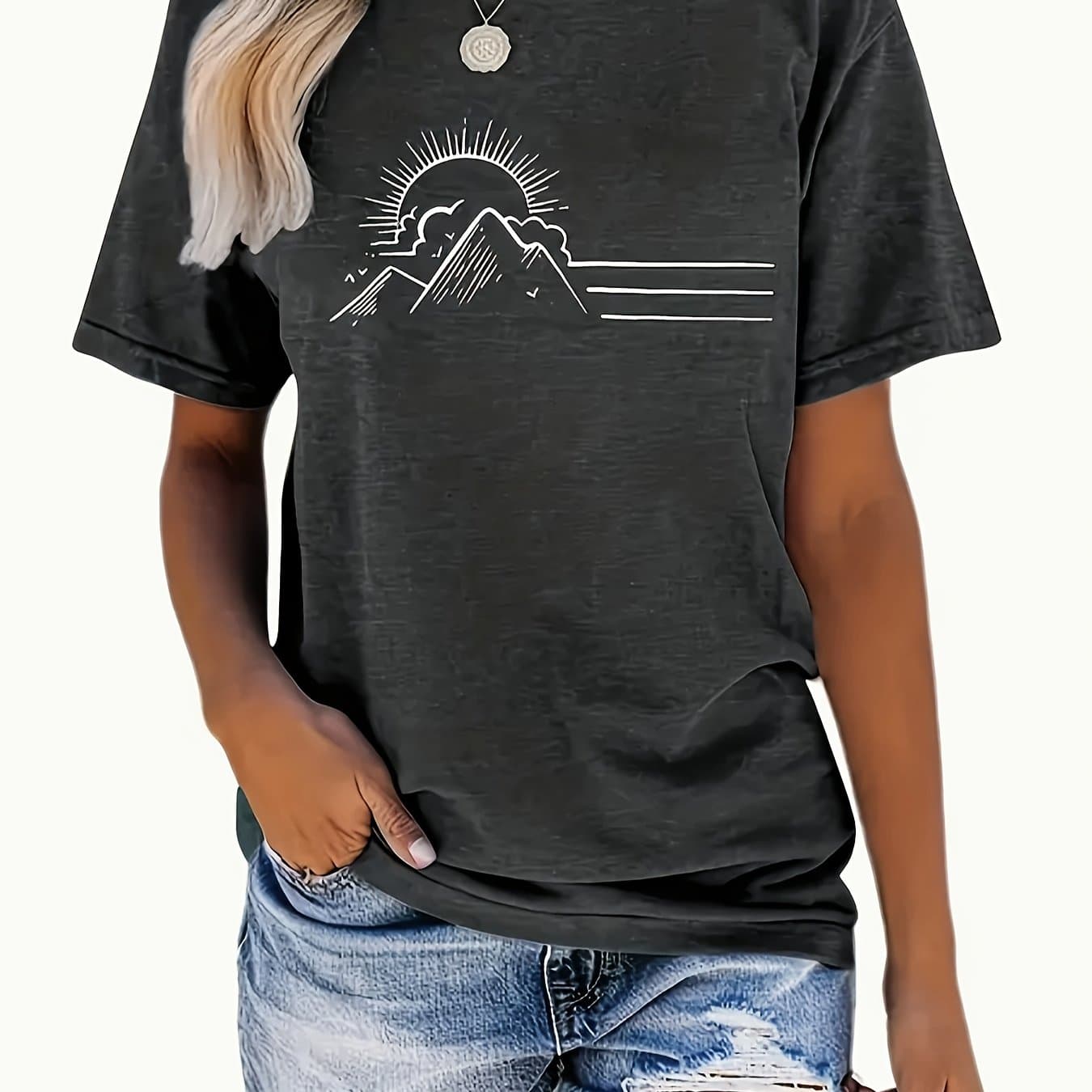 TEMU Trendy Women's Graphic Tee - Casual Short-sleeve Crew Neck Top - Light And Breathable For Spring And Summer Outfits