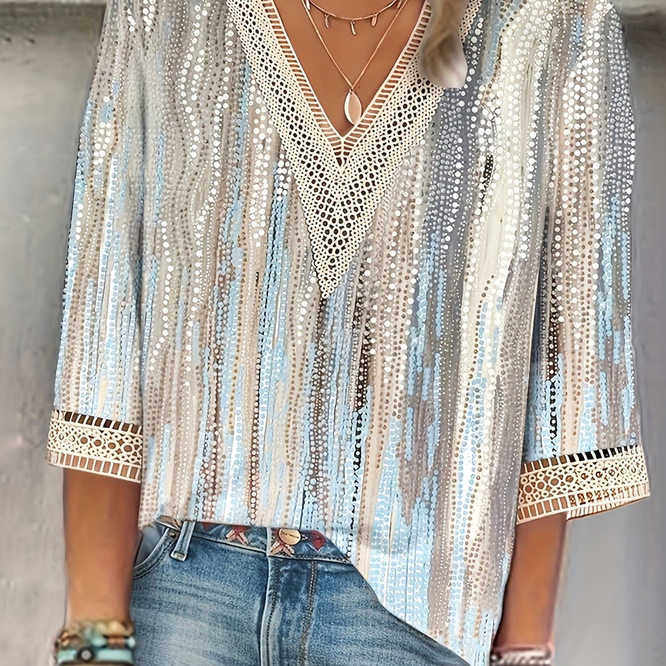 TEMU Stylish V-neck Spliced Lace T-shirt Casual Random Print Top For Women