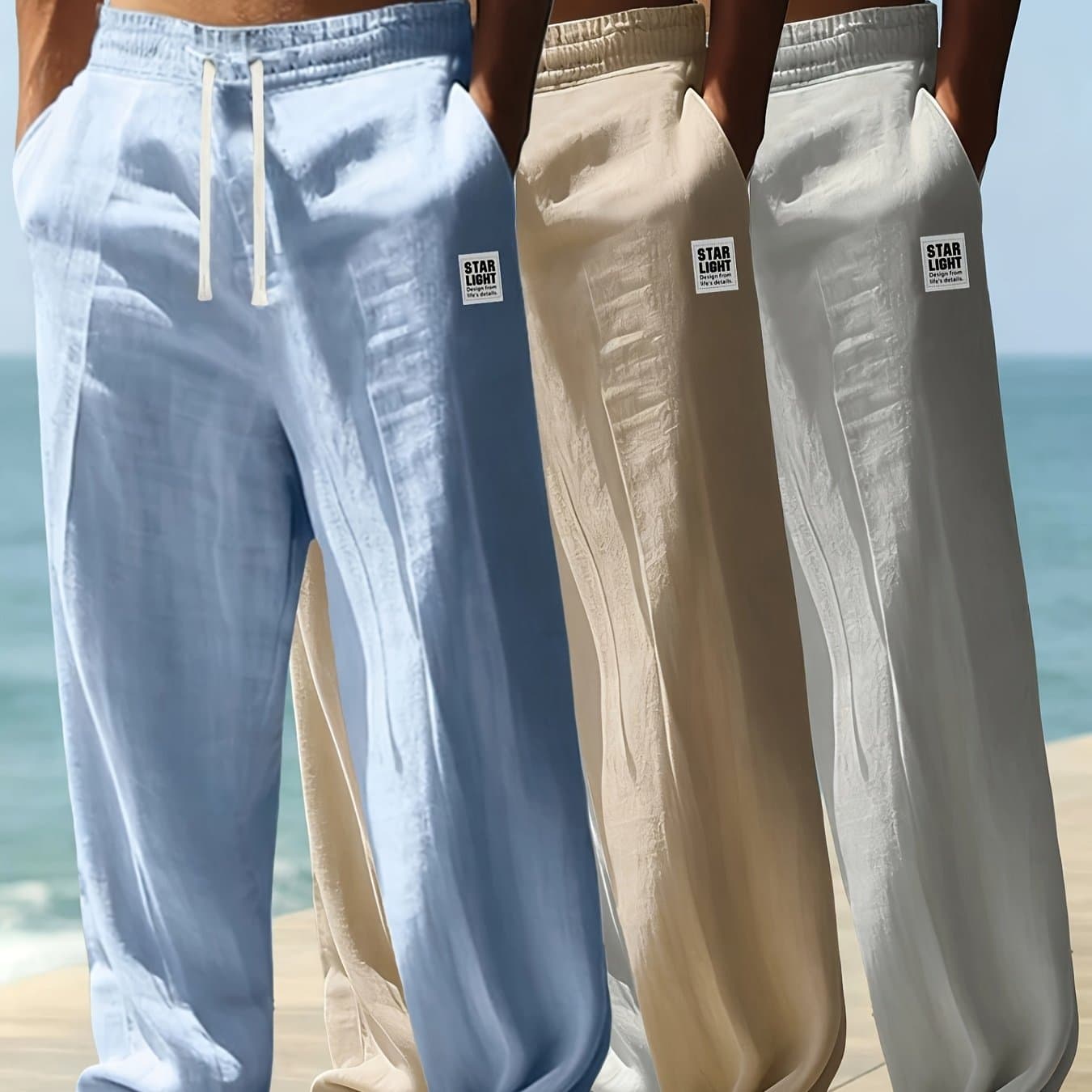 TEMU Men's 3pcs Casual Pants Lightweight Breathable Drawstring Waist Trousers For Beach, Vacation & Summer Daily Wear