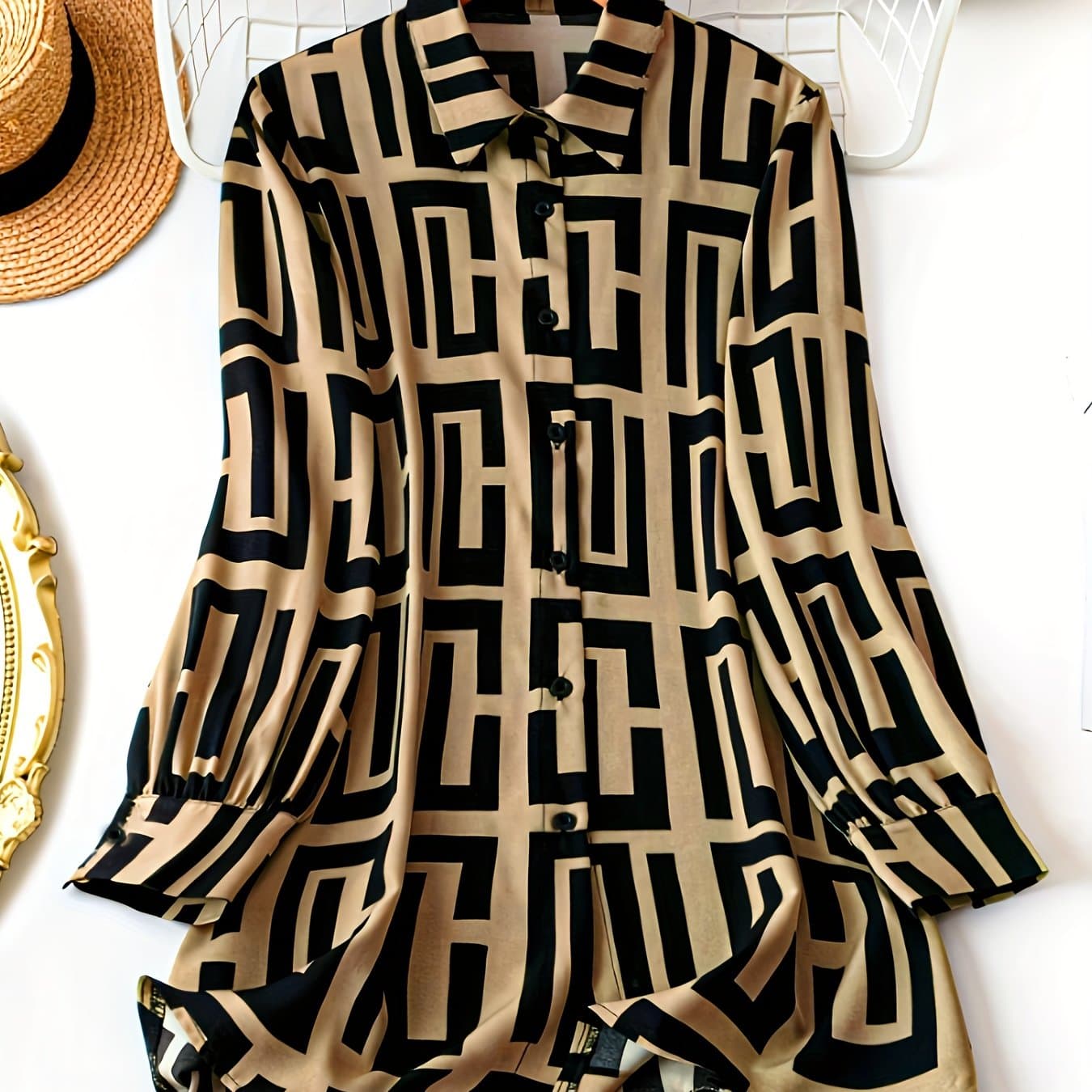 TEMU Women's Geometric Pattern Print Single-button Long Sleeve Shirt