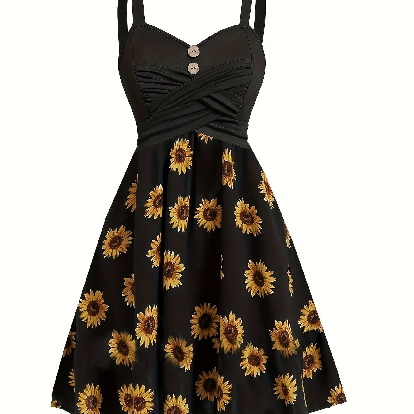 TEMU Elegant Retro High-waist Sleeveless Strapless Dress With Button Details And Sunflower Print | , Spring/summer Season, Floral Pattern, Brand:
