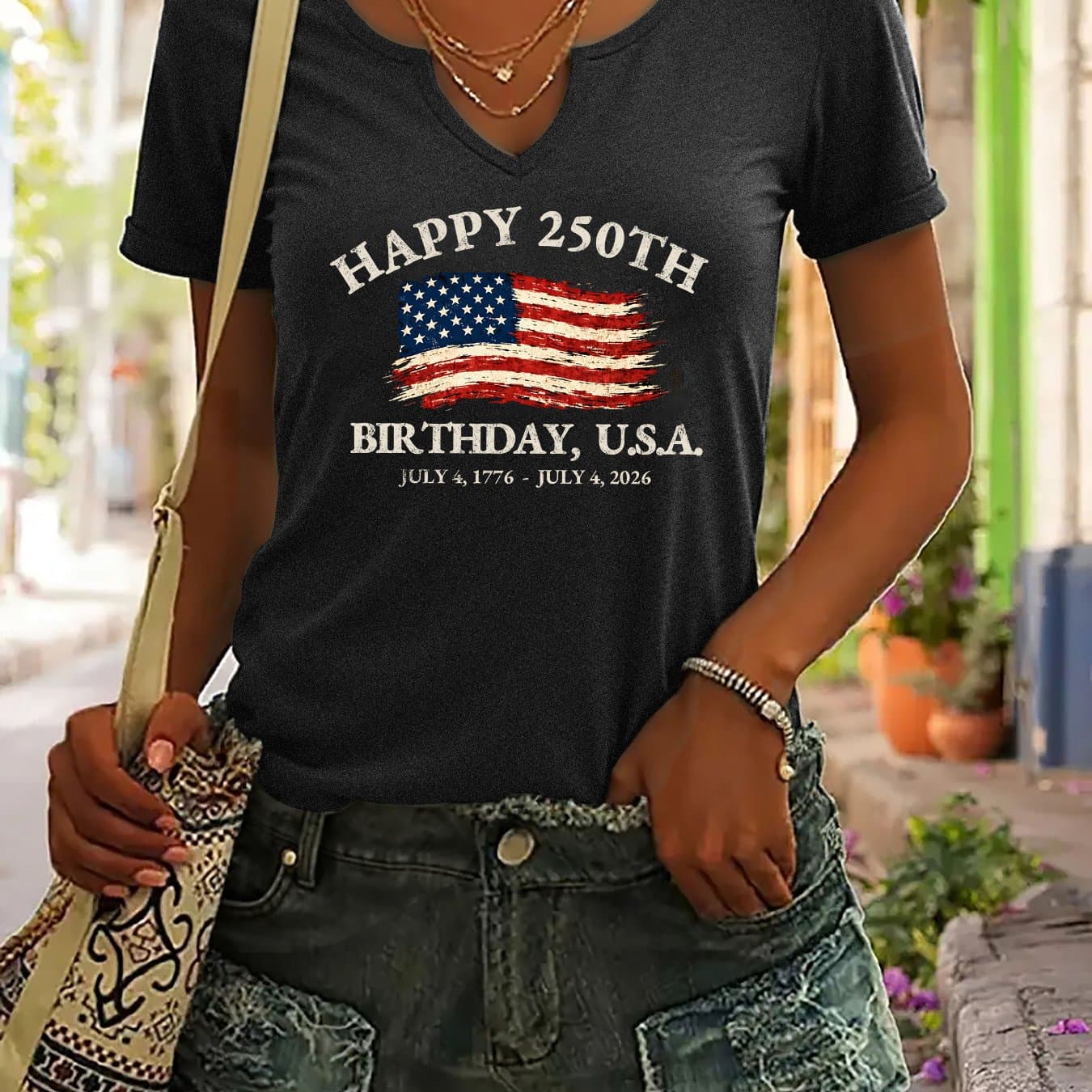 TEMU Casual Women's V-neck T-shirt Featuring A Graphic For The 250th Birthday Of The Usa, Designed With A Patriotic Flag Print,
