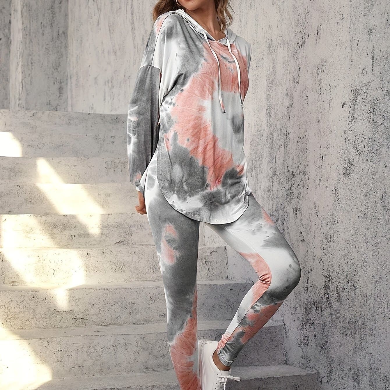 TEMU Directional Casual Party Autumn And Winter Tie-dye Print Hooded Hat Rope Split Long-sleeved Loose Top Elastic Waist Pocket Harem Pants Set