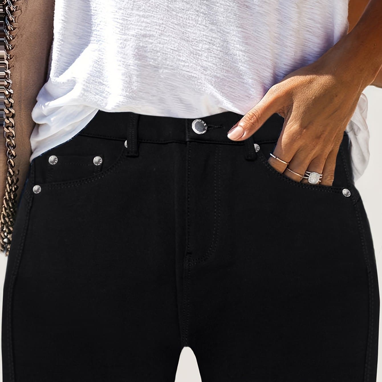 TEMU Women's High-waisted Stretch Street Style Solid Black Skinny Fashion Metal Button Detail Casual Jeans