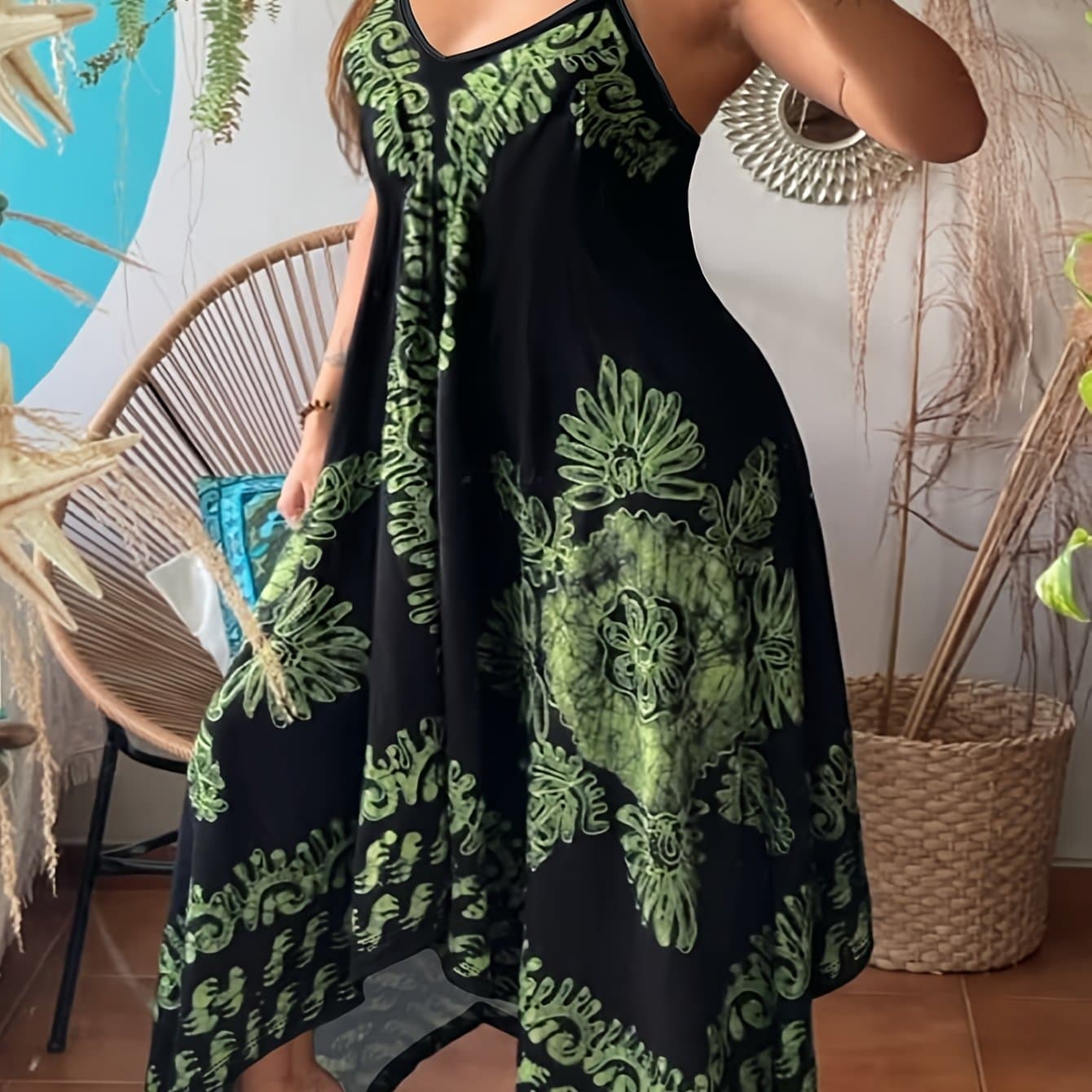 TEMU Plus Size, Spring And Summer Retro Ethnic Style Women's Large Size Casual And -neck Suspender Dress With Irregular Tail Design [directional]
