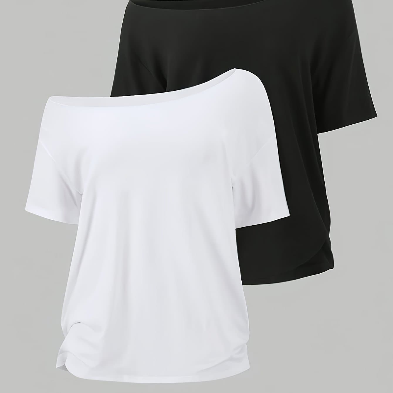 TEMU 2pcs Set Of Versatile Women's Casual Off-shoulder Short Sleeve T-shirts - Solid Color Loose , Breathable Casual Tee, Comfortable And All-match, Spring Summer Daily Wear, Women's T-shirt