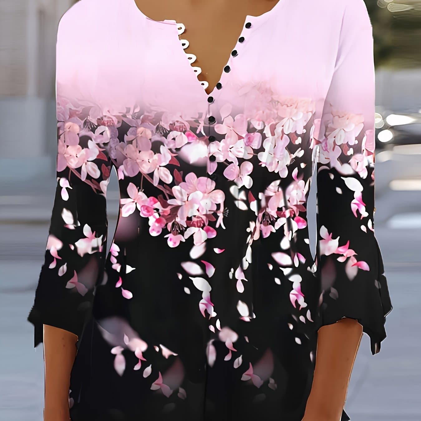 TEMU Spring And Autumn Printed Button Irregular 3 Quarter Sleeve T-shirt Casual Top