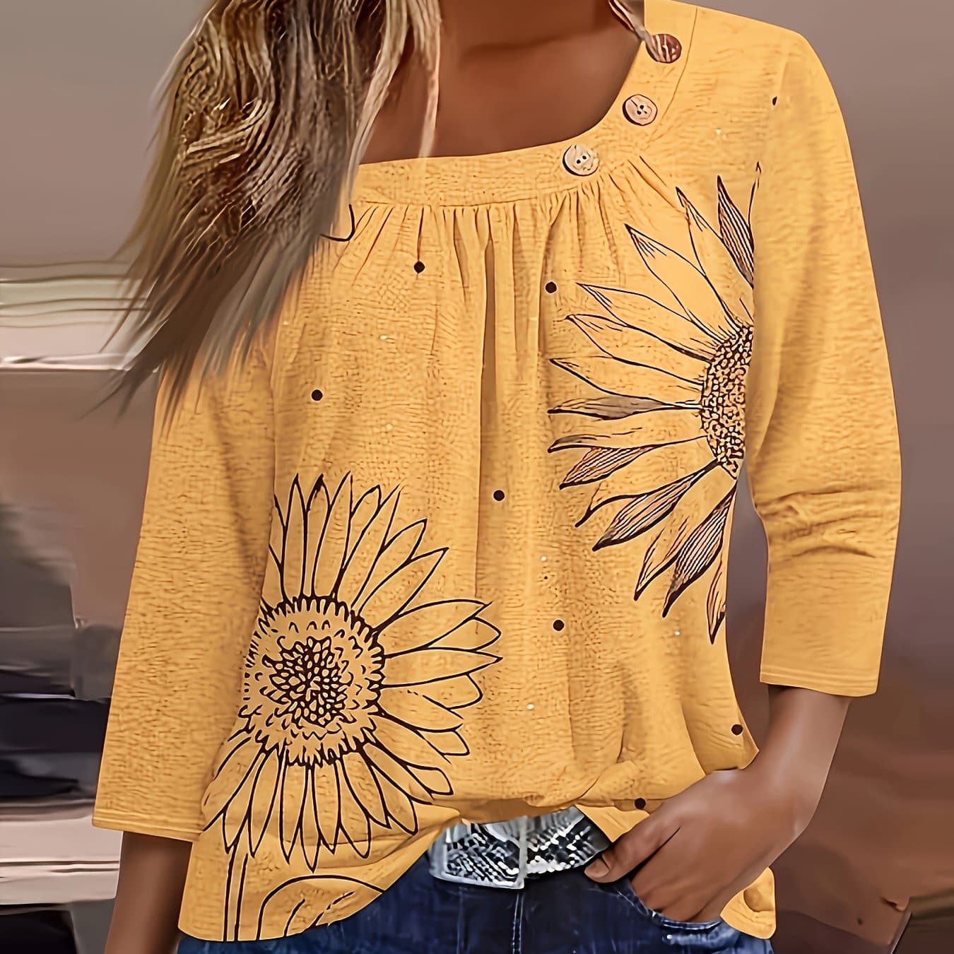 TEMU [comfortable Apparel] Mustard Yellow Sunflower T-shirt For Women - Cozy Polyester, Round Neck With Decorative Buttons, Long Sleeves, Perfect For Fall/winter