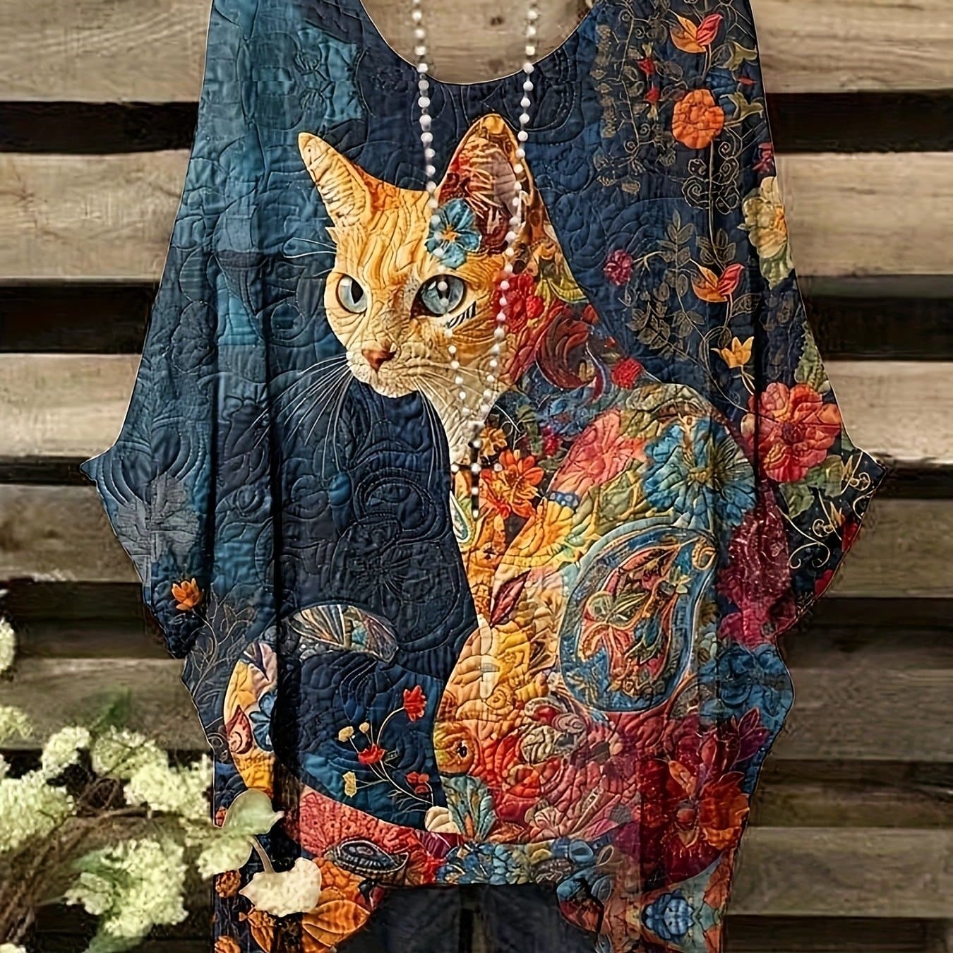 TEMU Plus Size, Women' Bohemian Vintage Cat Print Oversized T-shirt - Soft Round Neck Loose With Full-body Cat, Machine Washable Casual & Dressy Wear Suitable For All - Elegant Women' Fashion