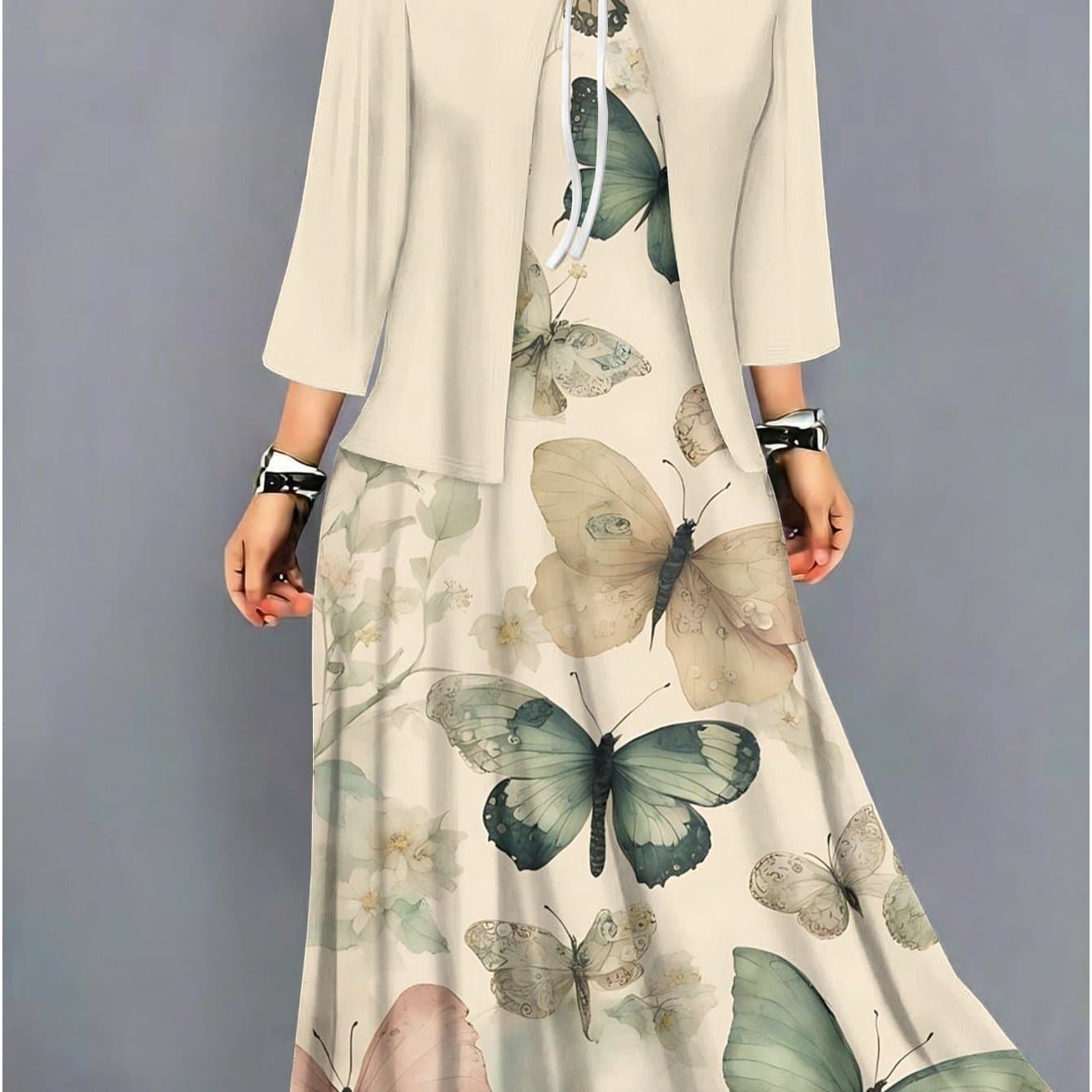 TEMU Plus Size, Plus Size Women' Color Cardigan Jacket With Print Waist-cinching Dress Set, Elegant And , Bowknot Front Detail, Machne Washable, Suitable For Daily To Banquet Wear, Casual , 1xl-5xl