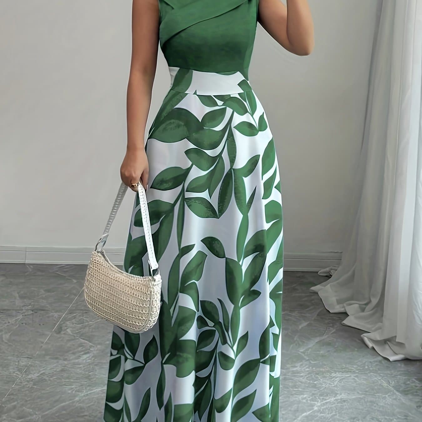 TEMU An Elegant V-neck Floral Print A-line Maxi Dress With Pockets - Featuring Pattern, Short Sleeves, A Cinched Waist, And A Flowing Skirt, Perfect For Summer, Suitable For Casual And Formal Wear