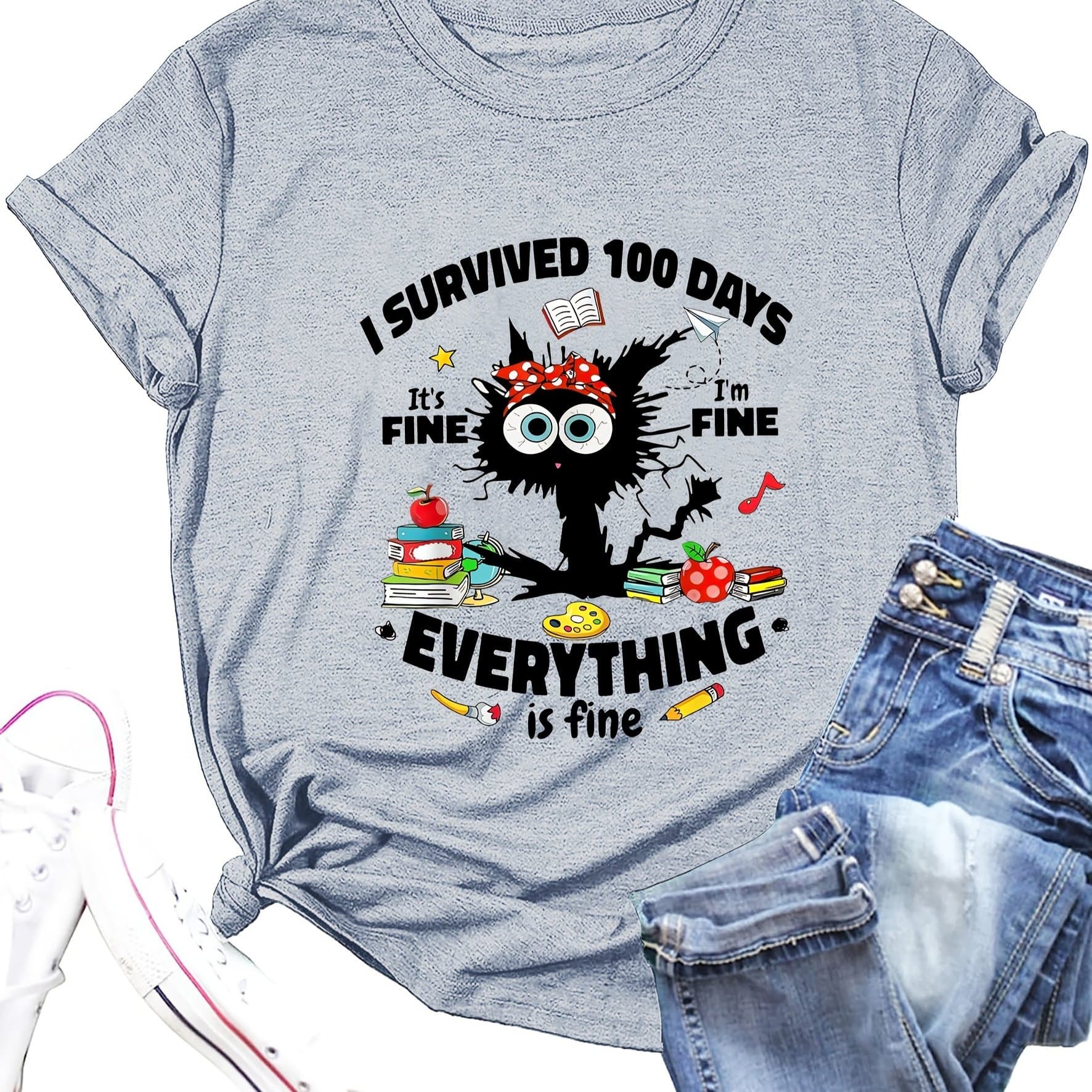 TEMU Teacher's Day Mao Cat Letter Element Printed Women's Summer Dress Combination Version Round Neck T-shirt