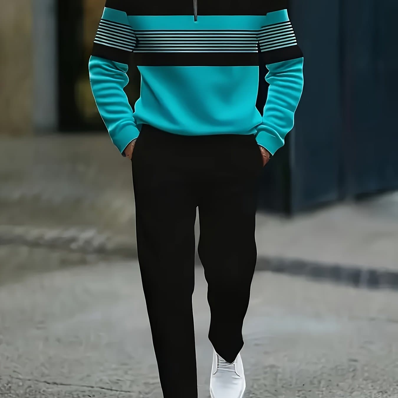 TEMU 2025 Autumn Blue Striped Men's Casual Sports Suit, Fashionable And Men's Half Zipper Small Collar Long Sleeve And Sports Casual Comfortable Trousers, Suitable For Daily Life, Sports And Work