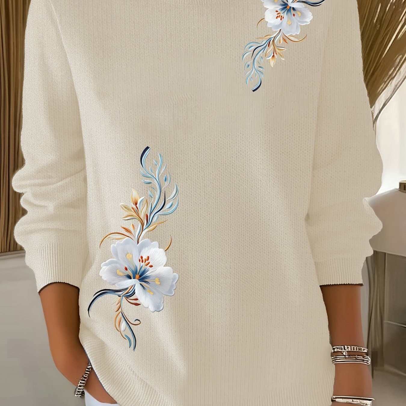 TEMU 2d Printed Embroidery-like Women's Commuter Versatile Fine Sweater, Comfortable Fabric, Long Sleeve Sweater With "flower Embroidery" Pattern thumbnail 2