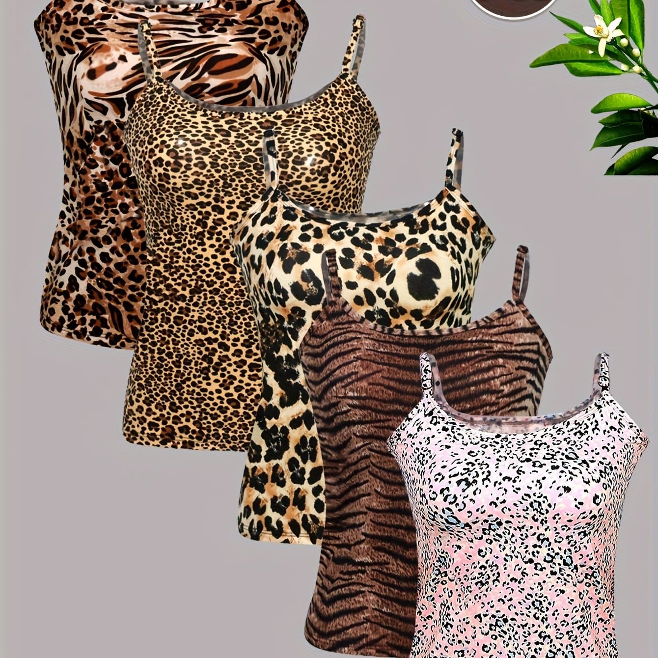 TEMU 5pcs Set Of Leopard Print Camisoles For Outerwear And Innerwear, Top And Base Shirt