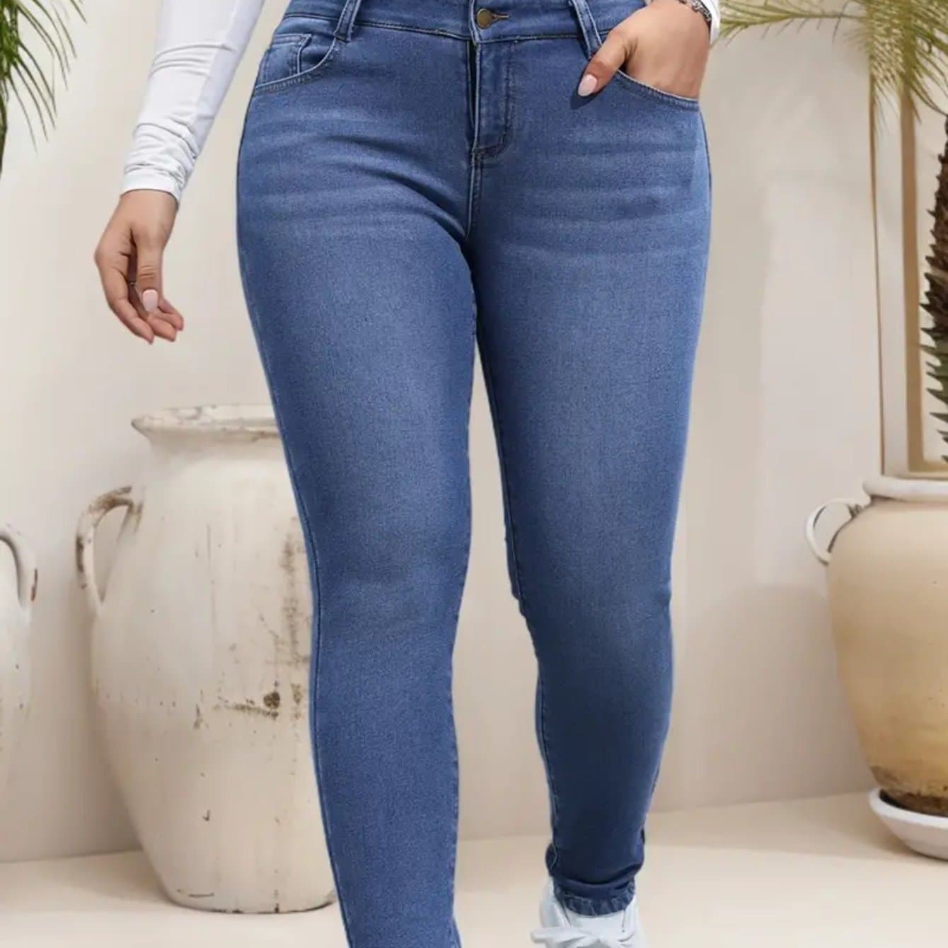 TEMU Ladies' High Waisted Tight Jeans - Stretchy Non See Through Fabric, Machine Washable Winter Jeans, Suitable For Daily And Formal Occasions, Fashionable Slim Fit Cut, Comfortable Material, Office