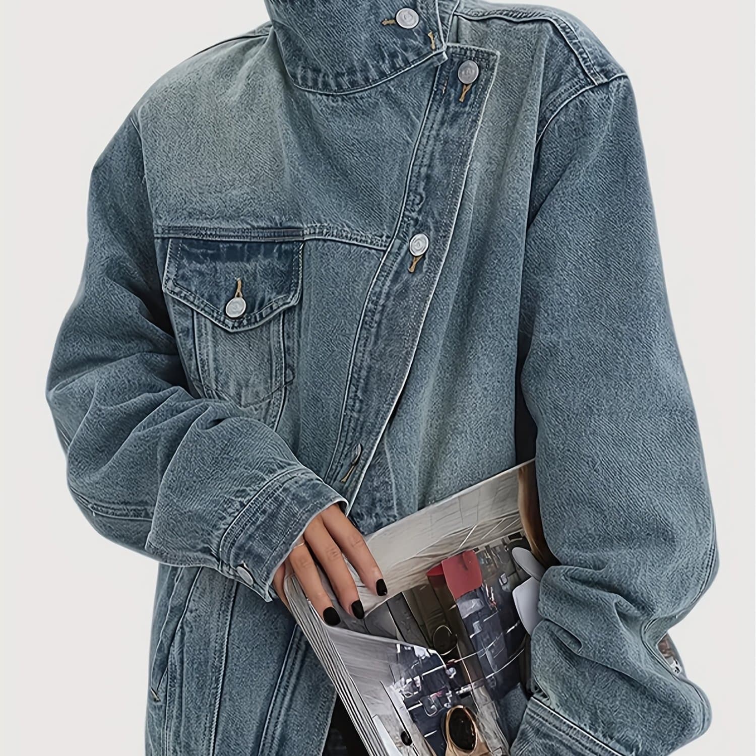 TEMU Women's Vintage Washed High Neck Asymmetric Button Denim Jacket - Loose Fit Drop Shoulder Streetwear Coat, Single-breasted Collar Jacket For Spring/fall/winter, Casual Outerwear Blouse
