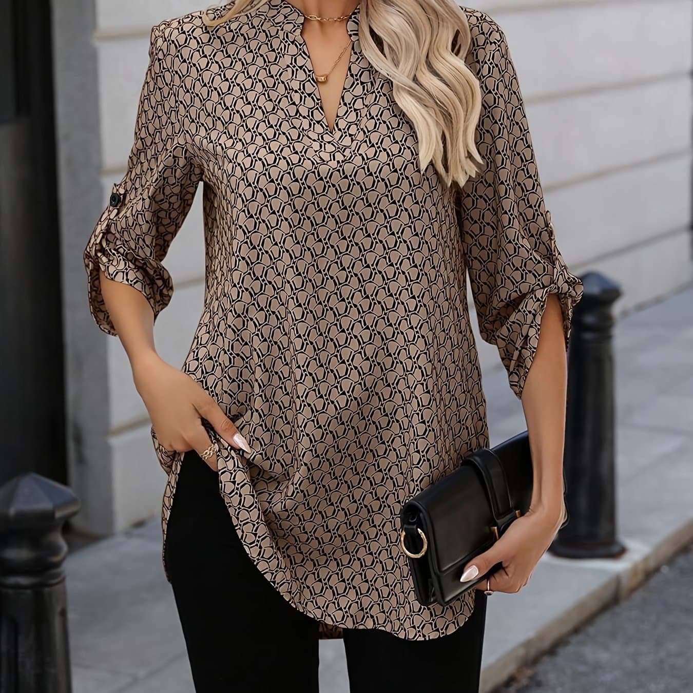 TEMU Printed Short Sleeve Curved Hem Shirt
