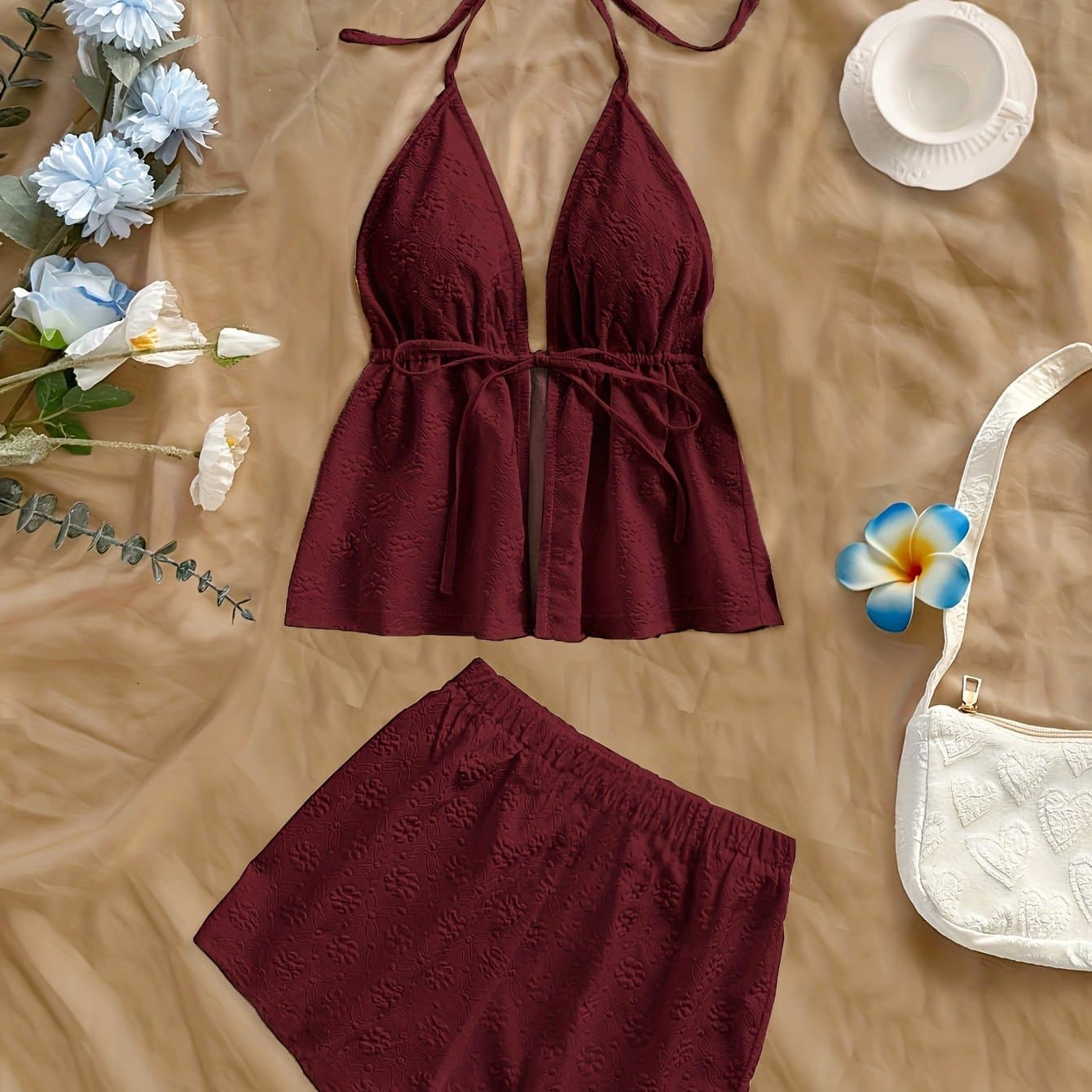 TEMU Yudomi Directional Style Solid Floral Texture Cute Top And Shorts Set
