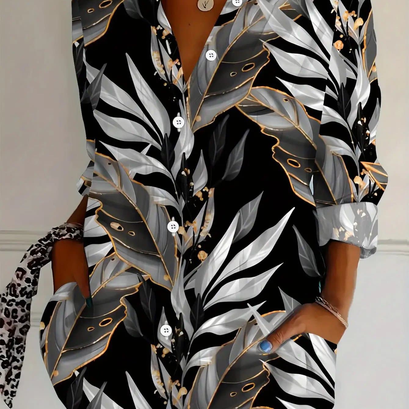 TEMU High Quality! Multiple Sizes! Plus-size Women's Long Sleeve Shirt 3d Metallic Leaf Print, Soft Light Beige Fabric, Classic Collar, Black Gray Golden, Mid-length Casual Top