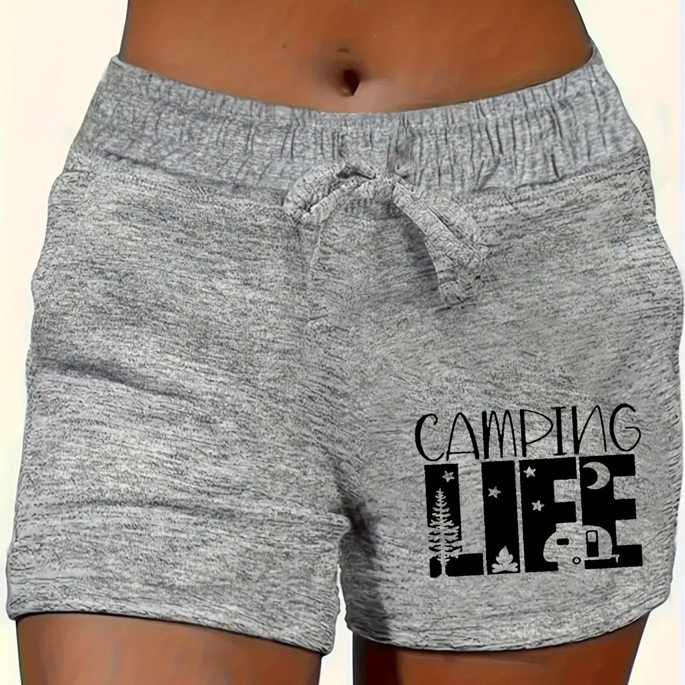 TEMU Women's Camping Printed Drawstring Shorts- Lightweight Elastic Polyester Blend Casual Shorts Suitable For And Casual Wear, Machine Washable