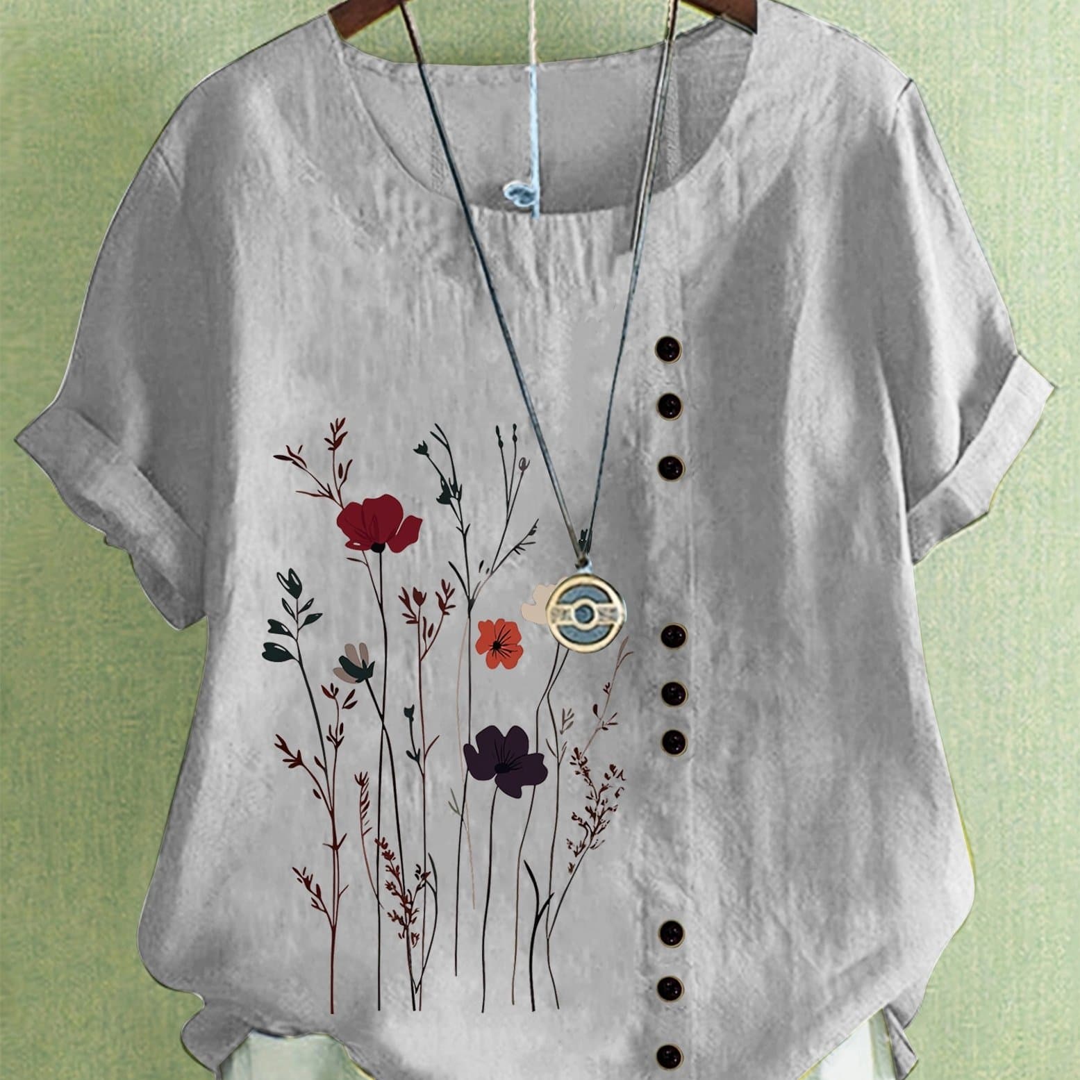 TEMU Summer Women's T-shirt With Unique Plant Print Fashion Top