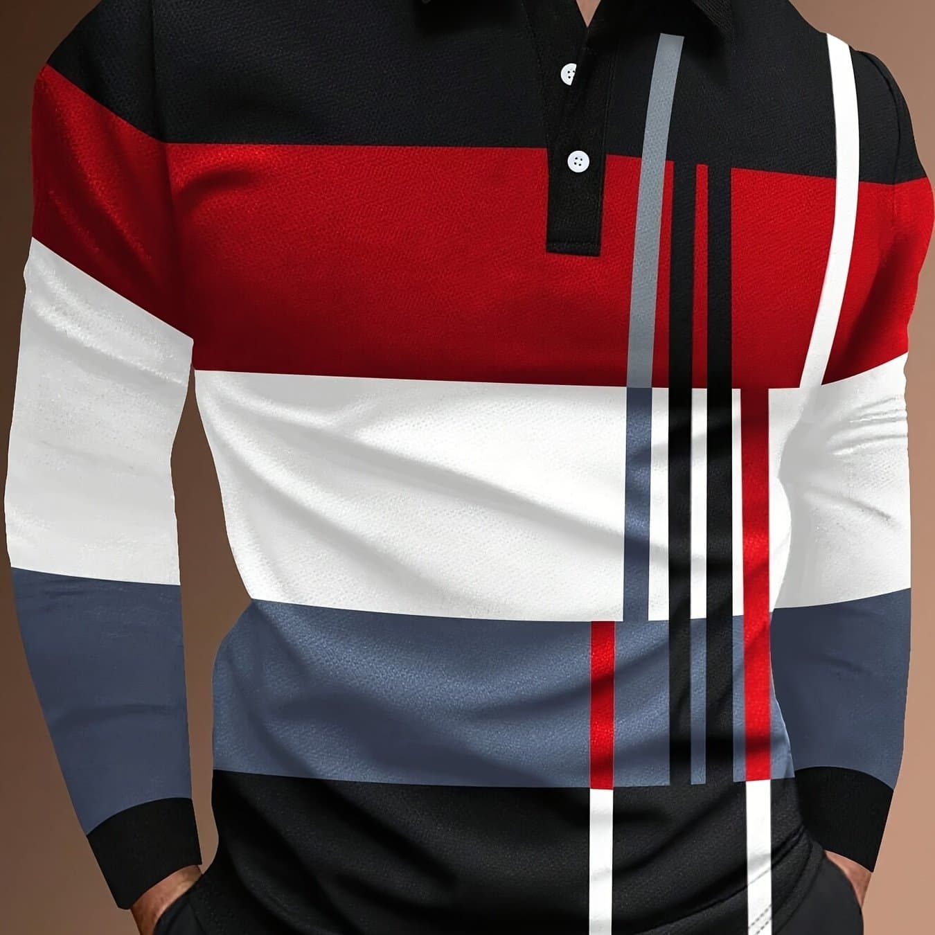 TEMU Men's Color Striped Printed Shirt Top Long Sleeved Collar Shirt Golf Shirt Top