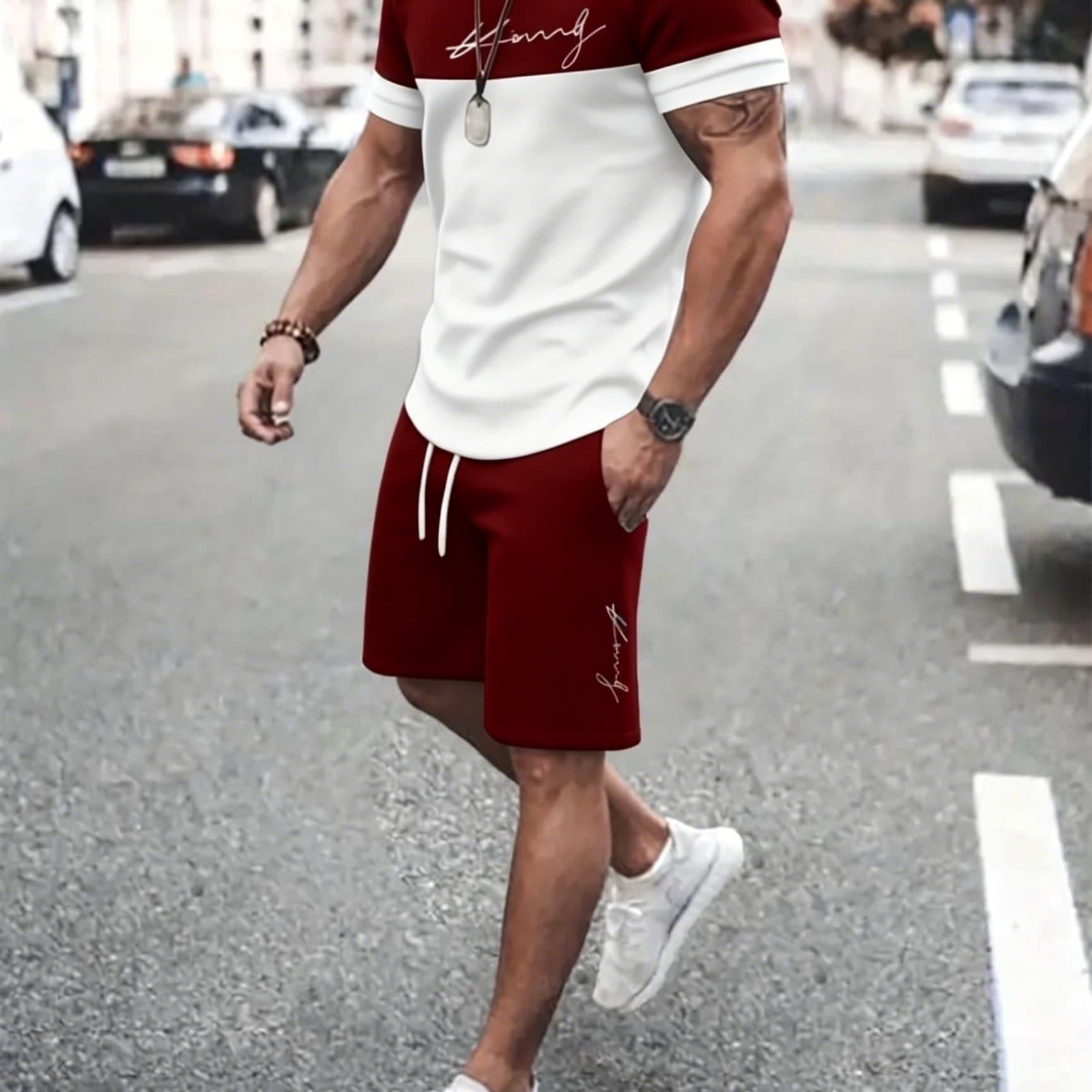 TEMU New 3d Men's Casual Short Sleeve Shorts Set With , Classic Striped Design, Perfect For Summer Outdoor Sports, Soft And Comfortable Wear, Ideal Gift For