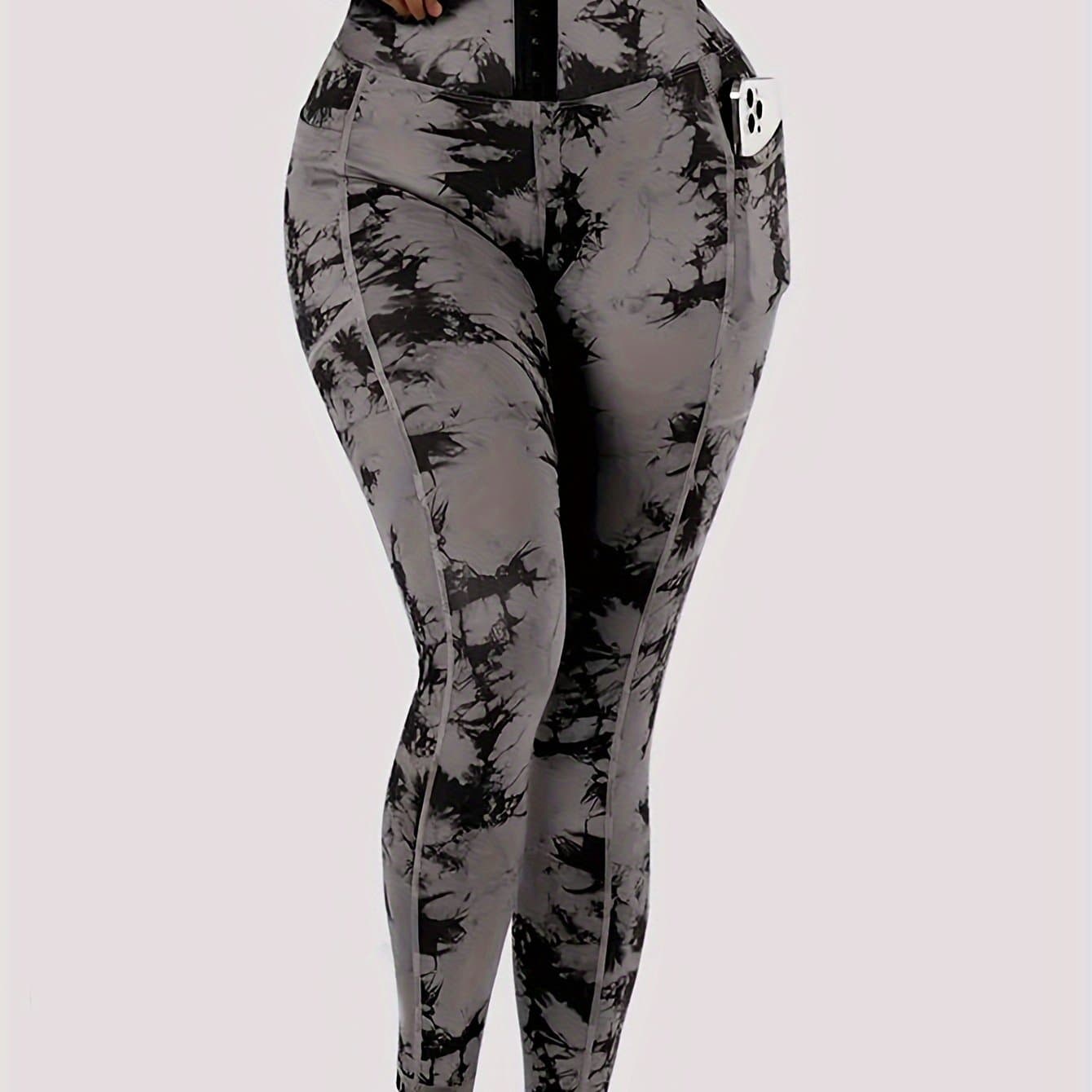 TEMU Women's Tie-dye Printed Tummy Control Lifting Pocket Waist-cinching Bodycon Sexy Button-front High-waist Fitness Yoga Leggings