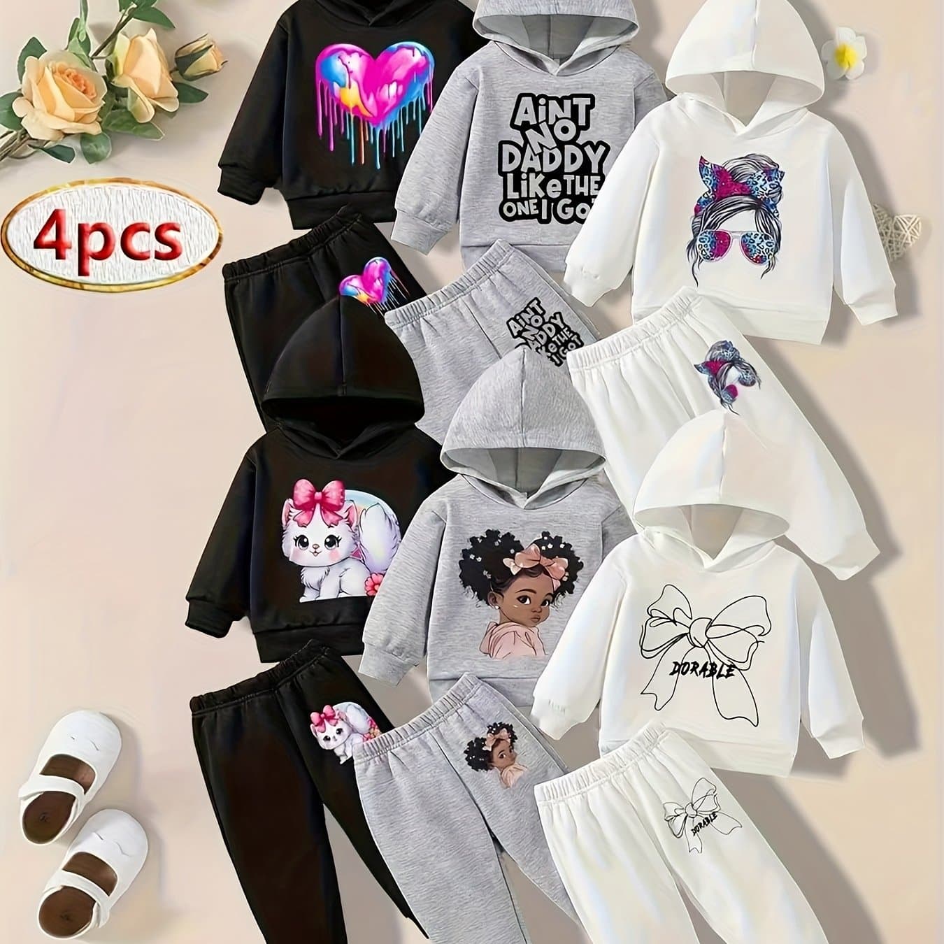 TEMU Send 4pcs Of Baby Girl Clothing Printed Pattern Hooded Sweatshirt And Printed Pattern Trousers Outdoor Set, Perfect For Outdoor