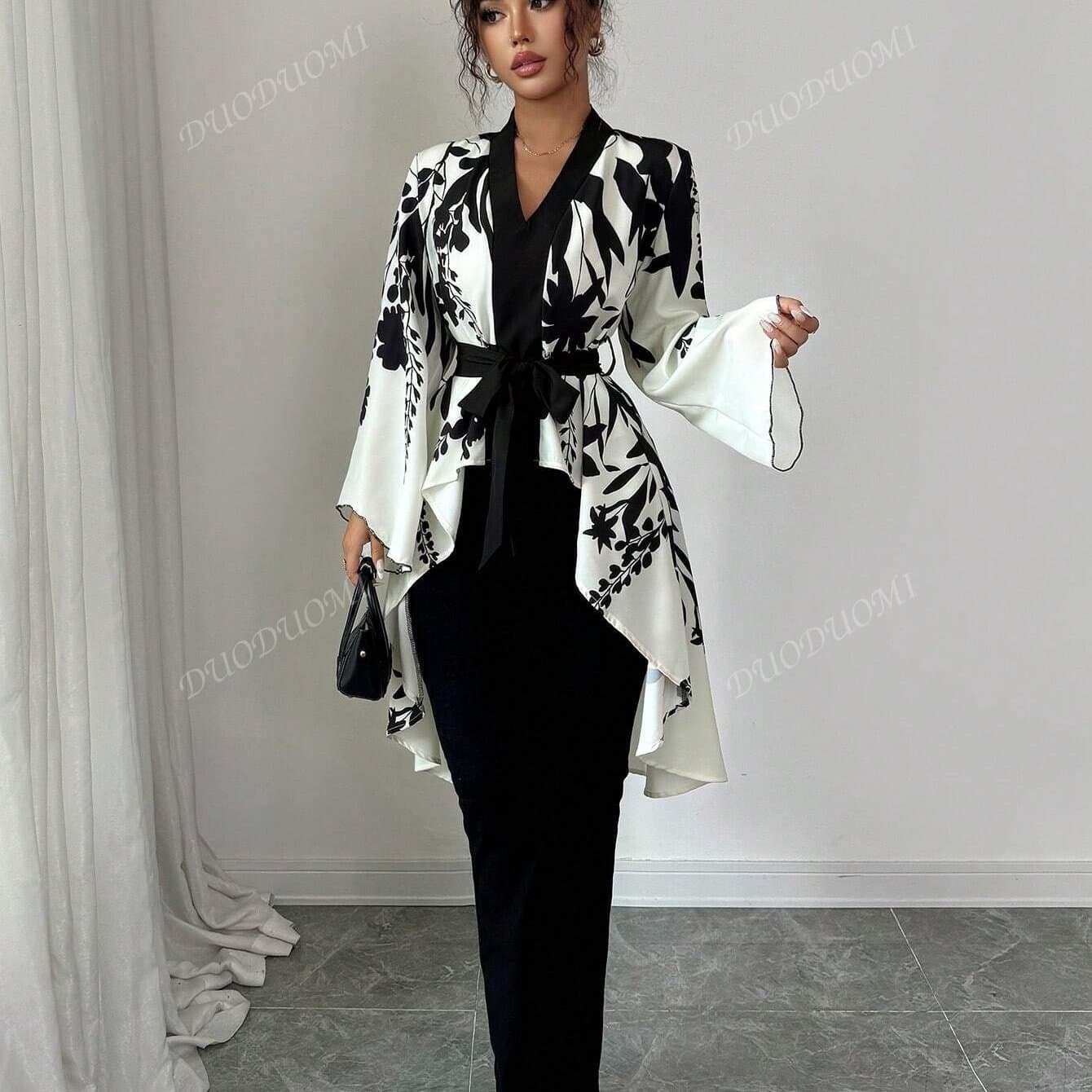 TEMU Autumn Women's Floral Print Flare Sleeve Tie-back Shirt