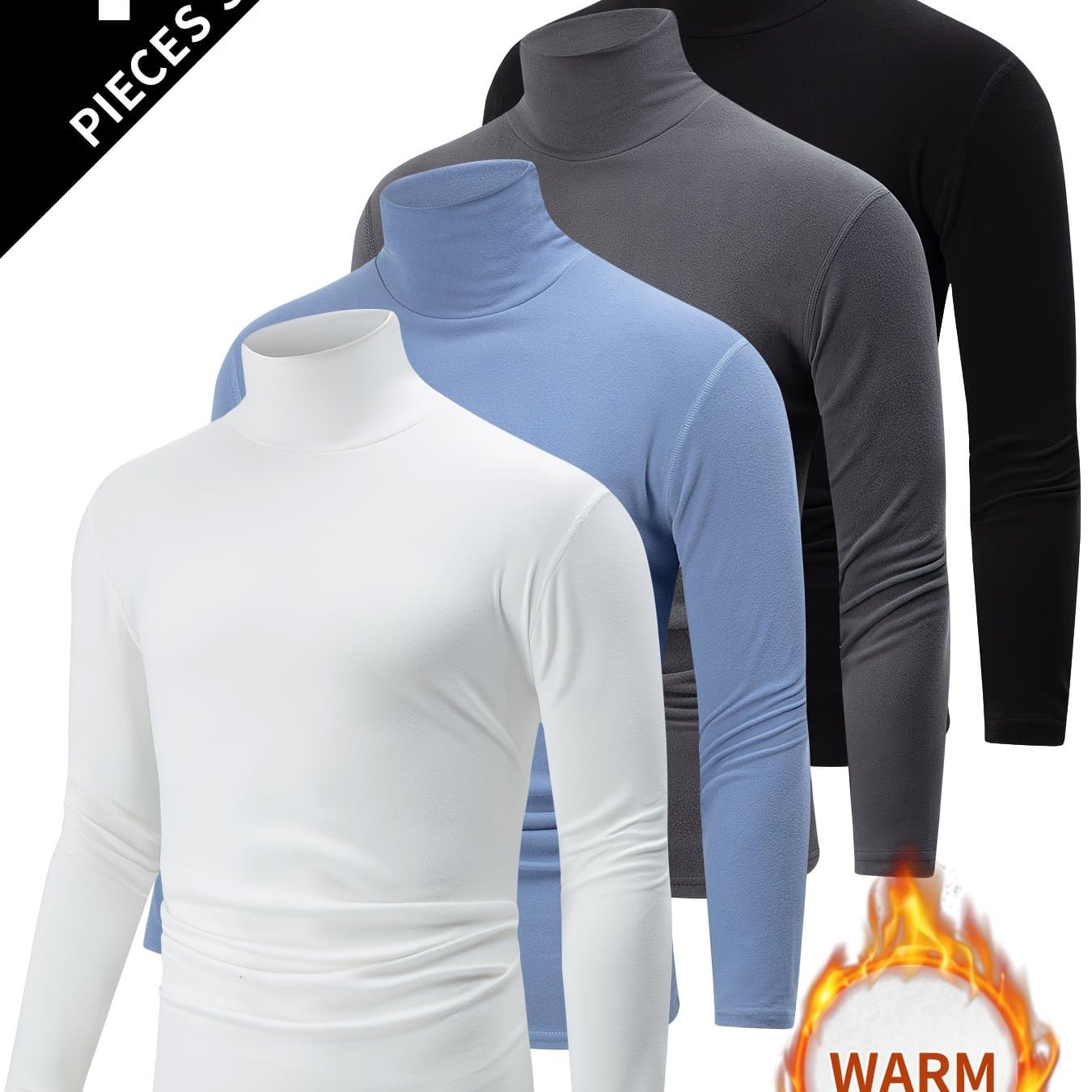 TEMU 4pcs Assorted Colors High-neck Long Sleeve T-shirt Men's Autumn Winter Lapel Thick Warm Casual Inner Layer Fleece Warm Sweatshirt Top Base Layer