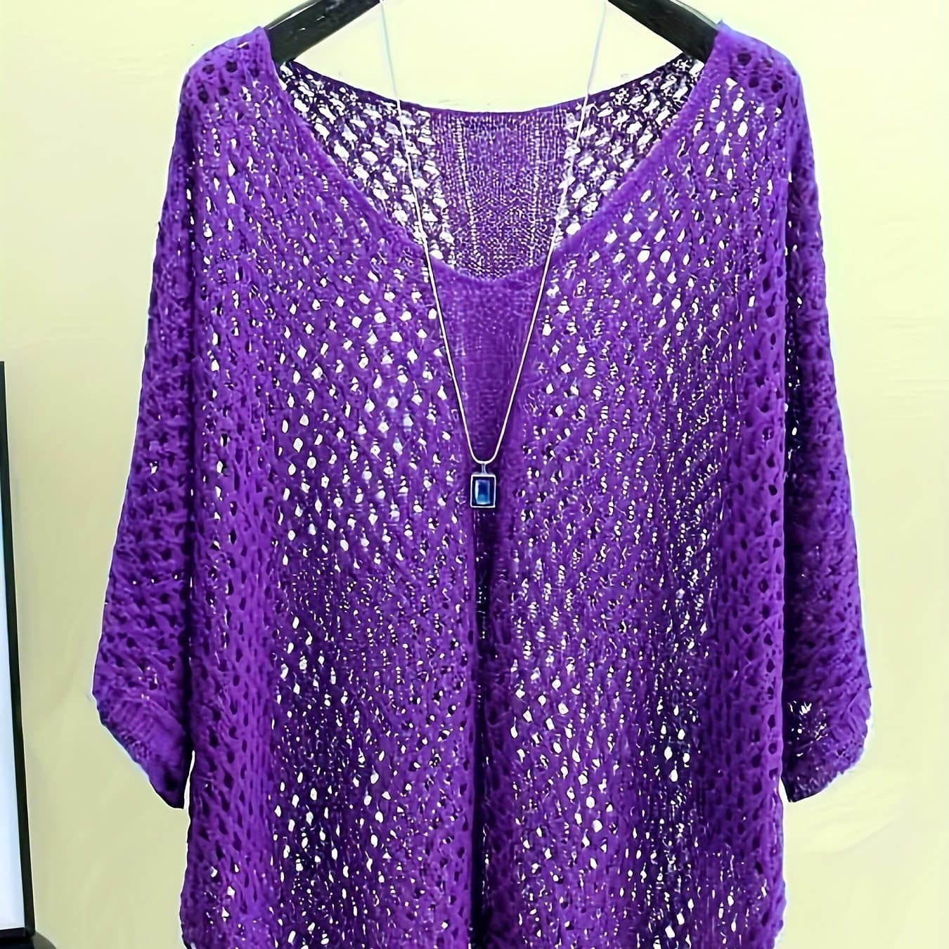 TEMU Summer Knitwear Batwing Sleeve Hollow-out V-neck Pullover Top Women's Blouse